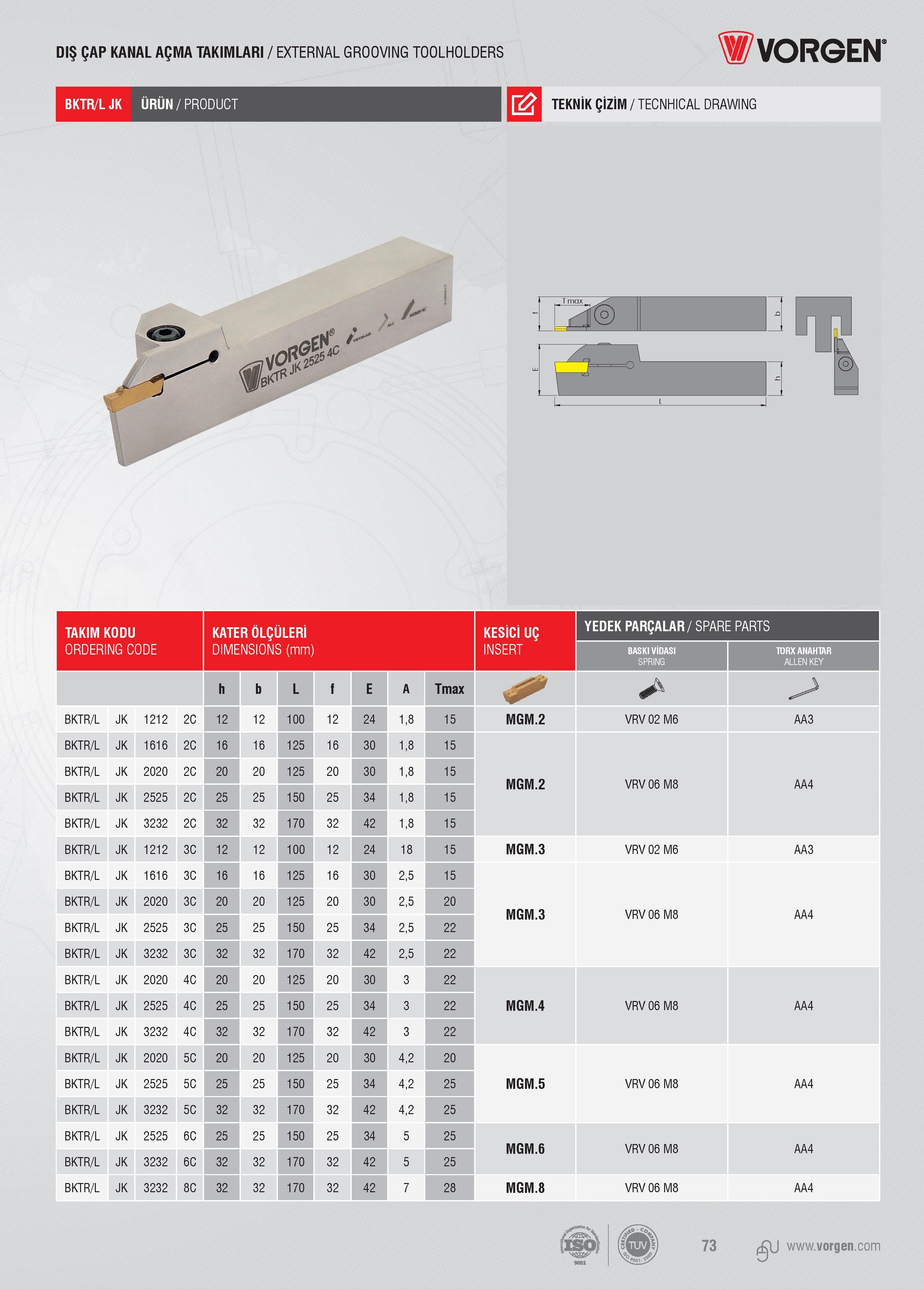 72 DIŞ ÇAP KANAL AÇMA TAKIMLARI / EXTERNAL GROOVING TOOLHOLDERS BKTR/L JK ÜRÜN/PRODUCT TEKNİK ÇİZİM / TECNHICAL DRAWING TAKIM KODU KATER ÖLÇÜLERİ YEDEK PARÇ Каталог VORGEN 2018 Станочный инструмент с режущими сменными пластинами Токарные резцы Расточные державки и оправки Фрезы концевые и насадные с СРП Сверла Стр. 72