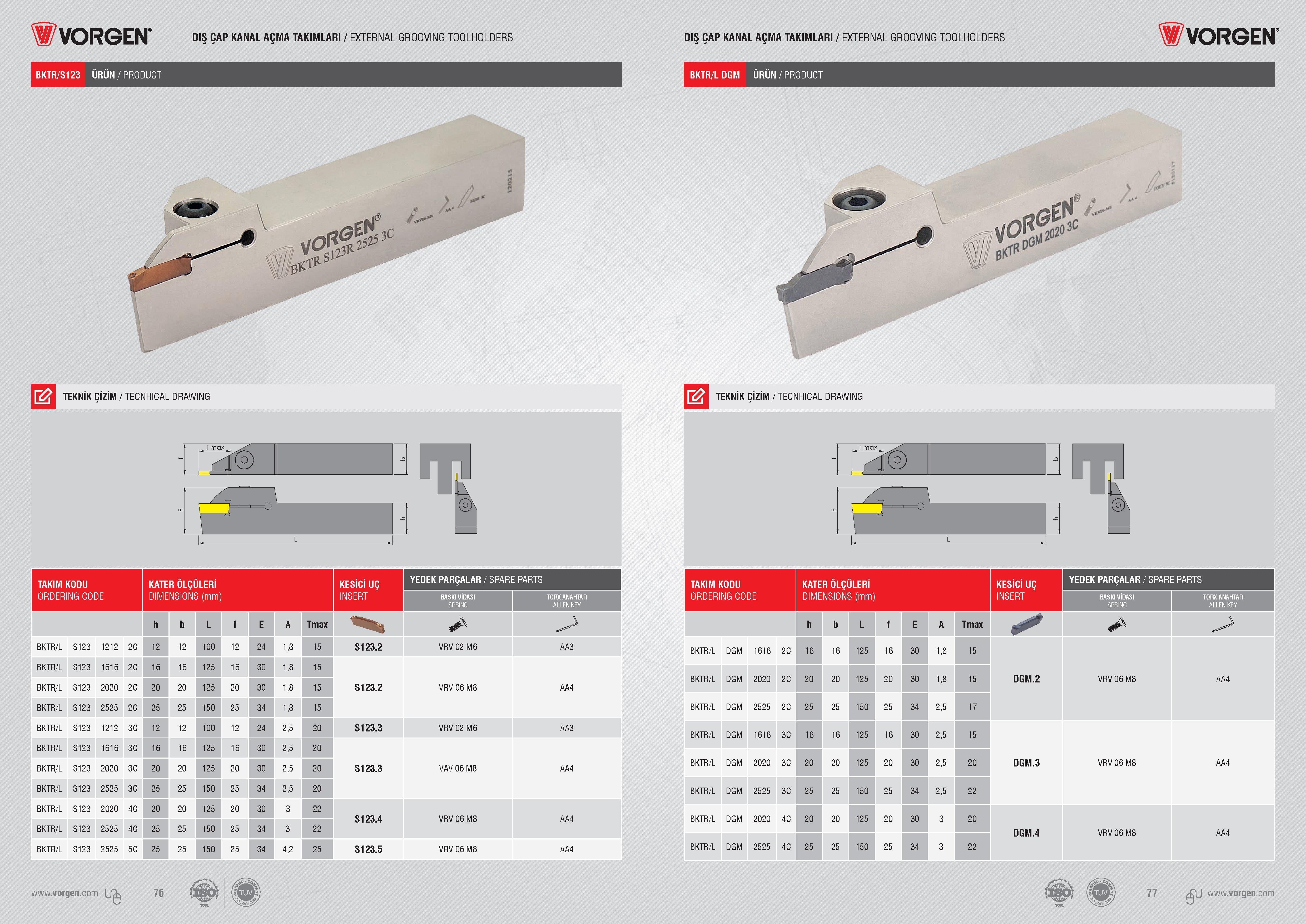 75 Vorgen DIŞ ÇAP KANAL AÇMA TAKIMLARI / EXTERNAL GROOVING TOOLHOLDERS BKTR/S123 ÜRÜN / PRODUCT TEKNİK ÇİZİM / TECNHICAL DRAWING T max CğH 1% 76 TAKIM KODU Каталог VORGEN 2018 Станочный инструмент с режущими сменными пластинами Токарные резцы Расточные державки и оправки Фрезы концевые и насадные с СРП Сверла Стр. 75