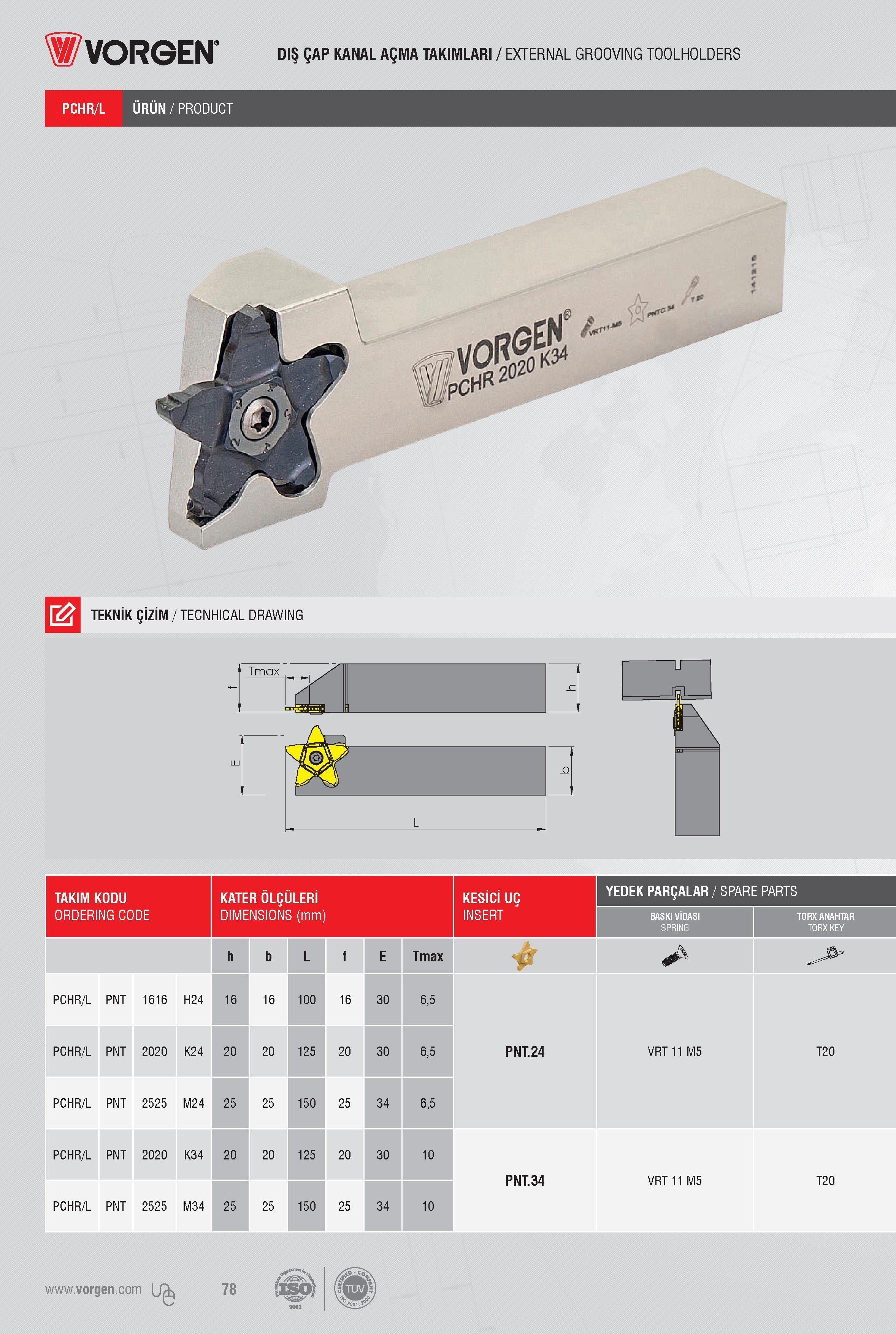 76 DIŞ ÇAP KANAL AÇMA TAKIMLARI / EXTERNAL GROOVING TOOLHOLDERS PCHR/L ÜRÜN/PRODUCT TEKNİK ÇİZİM / TECNHICAL DRAWING TAKIM KODU KATER ÖLÇÜLERİ KESİCİ UÇ YED Каталог VORGEN 2018 Станочный инструмент с режущими сменными пластинами Токарные резцы Расточные державки и оправки Фрезы концевые и насадные с СРП Сверла Стр. 76