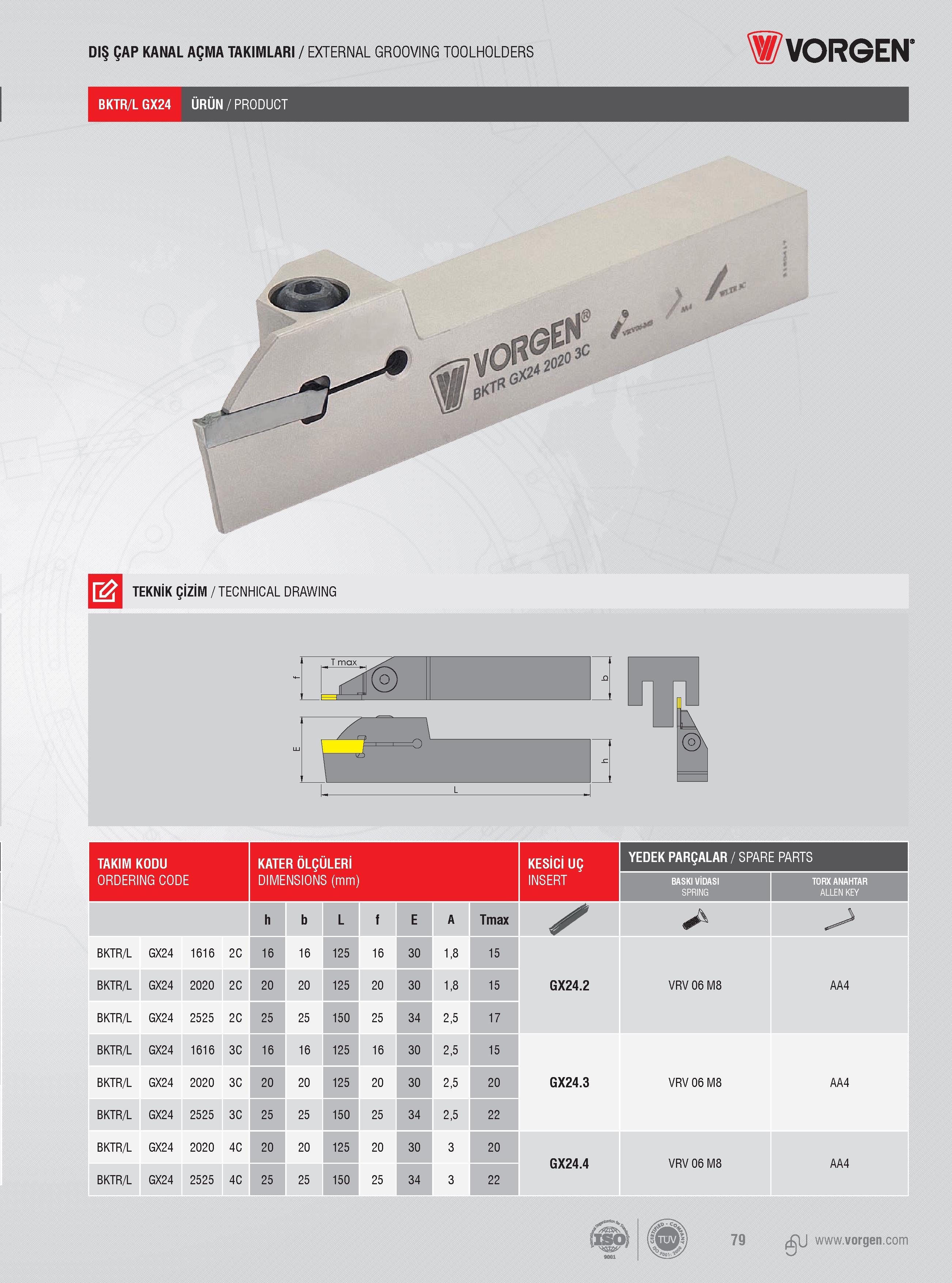 77 DIŞ ÇAP KANAL AÇMA TAKIMLARI / EXTERNAL GROOVING TOOLHOLDERS Vorgen TEKNİK ÇİZİM / TECNHICAL DRAWING TAKIM KODU KATER ÖLÇÜLERİ KESİCİ UÇ YEDEK PARÇALAR / Каталог VORGEN 2018 Станочный инструмент с режущими сменными пластинами Токарные резцы Расточные державки и оправки Фрезы концевые и насадные с СРП Сверла Стр. 77
