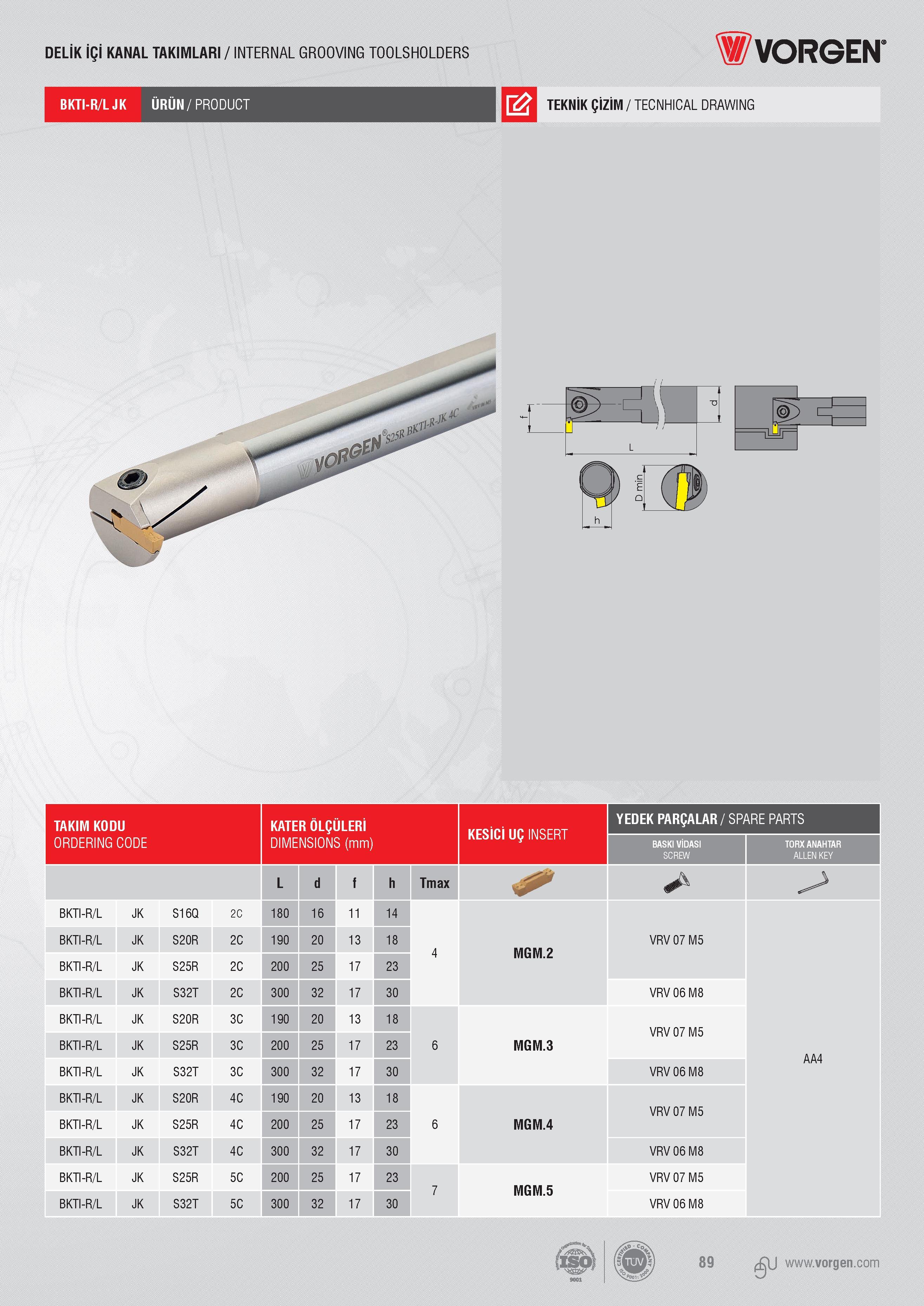 87 DELİK İÇİ KANAL TAKIMLARI / INTERNAL GROOVING TOOLSHOLDERS BKTI-R/L JK ÜRÜN/ PRODUCT TEKNİK ÇİZİM / TECNHICAL DRAWING TAKIM KODU KATER ÖLÇÜLERİ KESİCİ UÇ Каталог VORGEN 2018 Станочный инструмент с режущими сменными пластинами Токарные резцы Расточные державки и оправки Фрезы концевые и насадные с СРП Сверла Стр. 87
