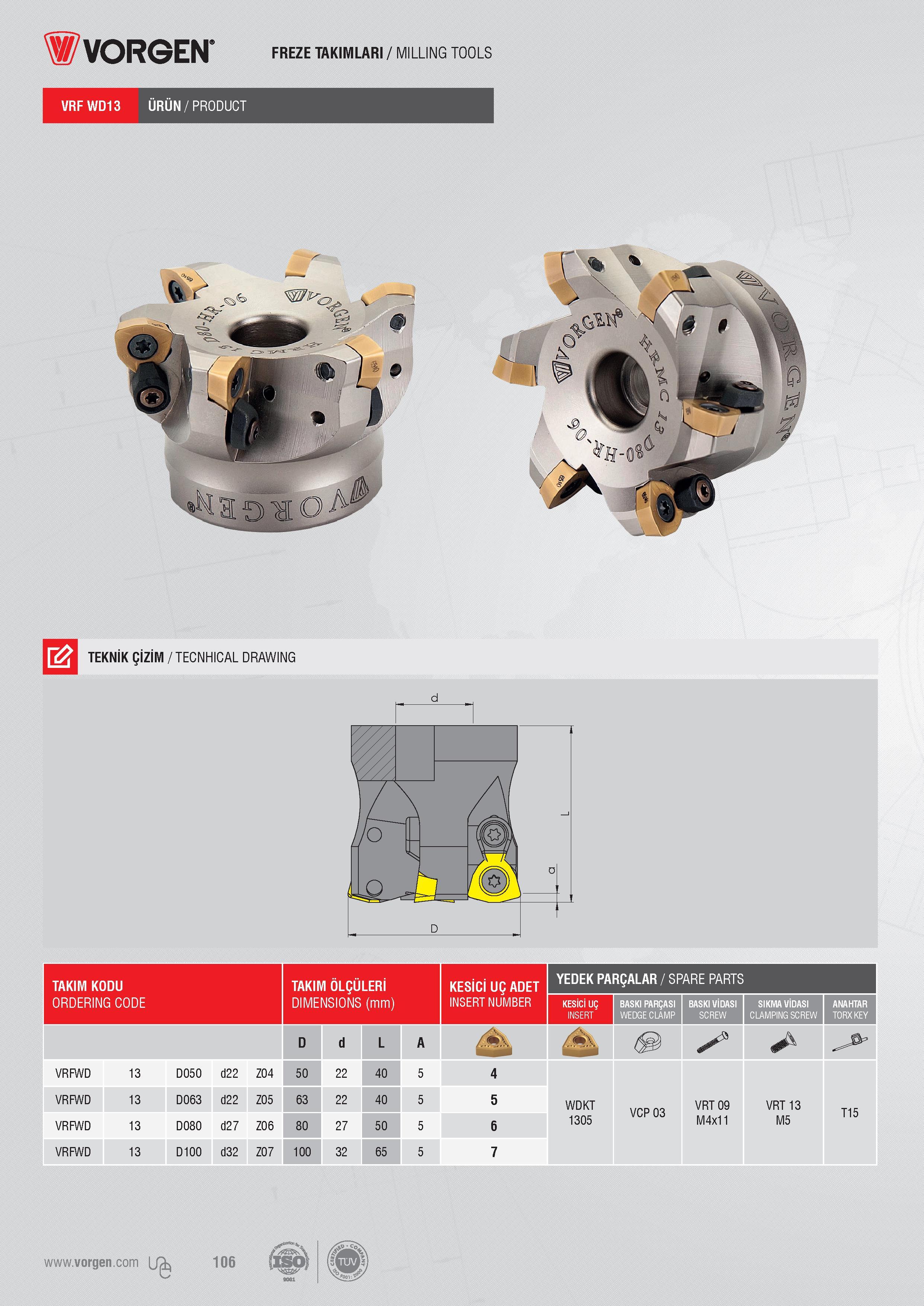 104 FREZE TAKIMLARI / MILLING TOOLS VRFWD13 ÜRÜN/PRODUCT TEKNİK ÇİZİM / TECNHICAL DRAWING TAKIM KODU TAKIM ÖLÇÜLERİ KESİCİ UÇ ADET YEDEK PARÇALAR / SPARE PAR Каталог VORGEN 2018 Станочный инструмент с режущими сменными пластинами Токарные резцы Расточные державки и оправки Фрезы концевые и насадные с СРП Сверла Стр. 104