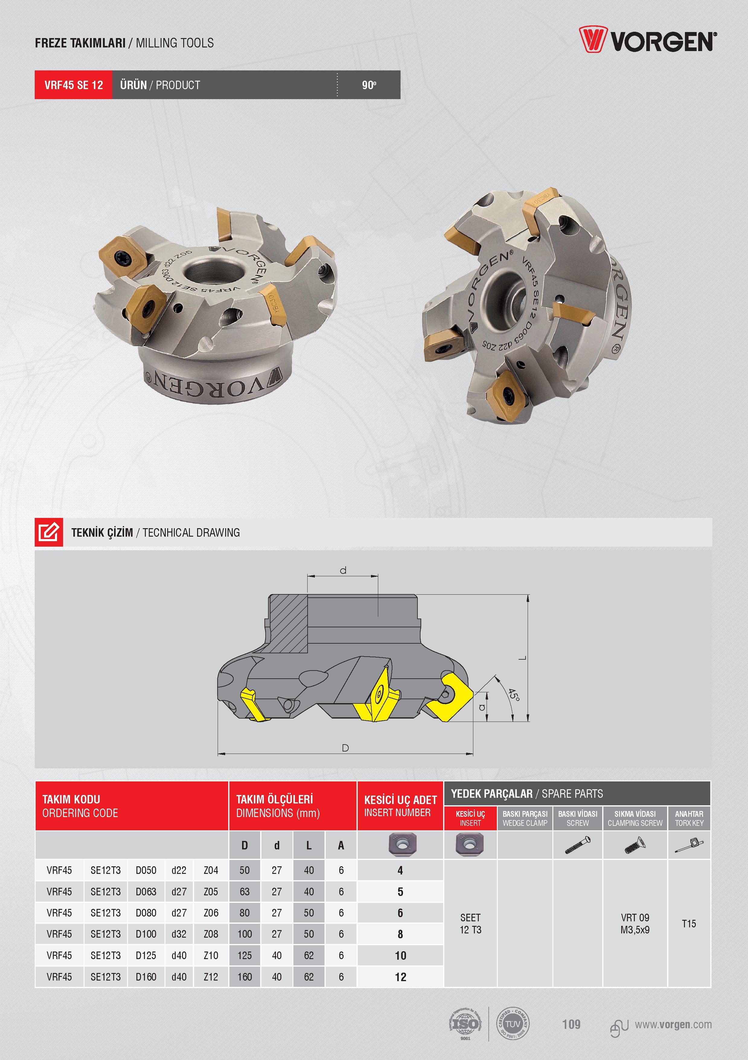 107 FREZE TAKIMLARI / MILLING TOOLS Vorgen VRF45SE12 ÜRÜN/PRODUCT 90 TEKNİK ÇİZİM / TECNHICAL DRAWING D TAKIM KODU TAKIM ÖLÇÜLERİ KESİCİ UÇ ADET YEDEK PARÇAL Каталог VORGEN 2018 Станочный инструмент с режущими сменными пластинами Токарные резцы Расточные державки и оправки Фрезы концевые и насадные с СРП Сверла Стр. 107