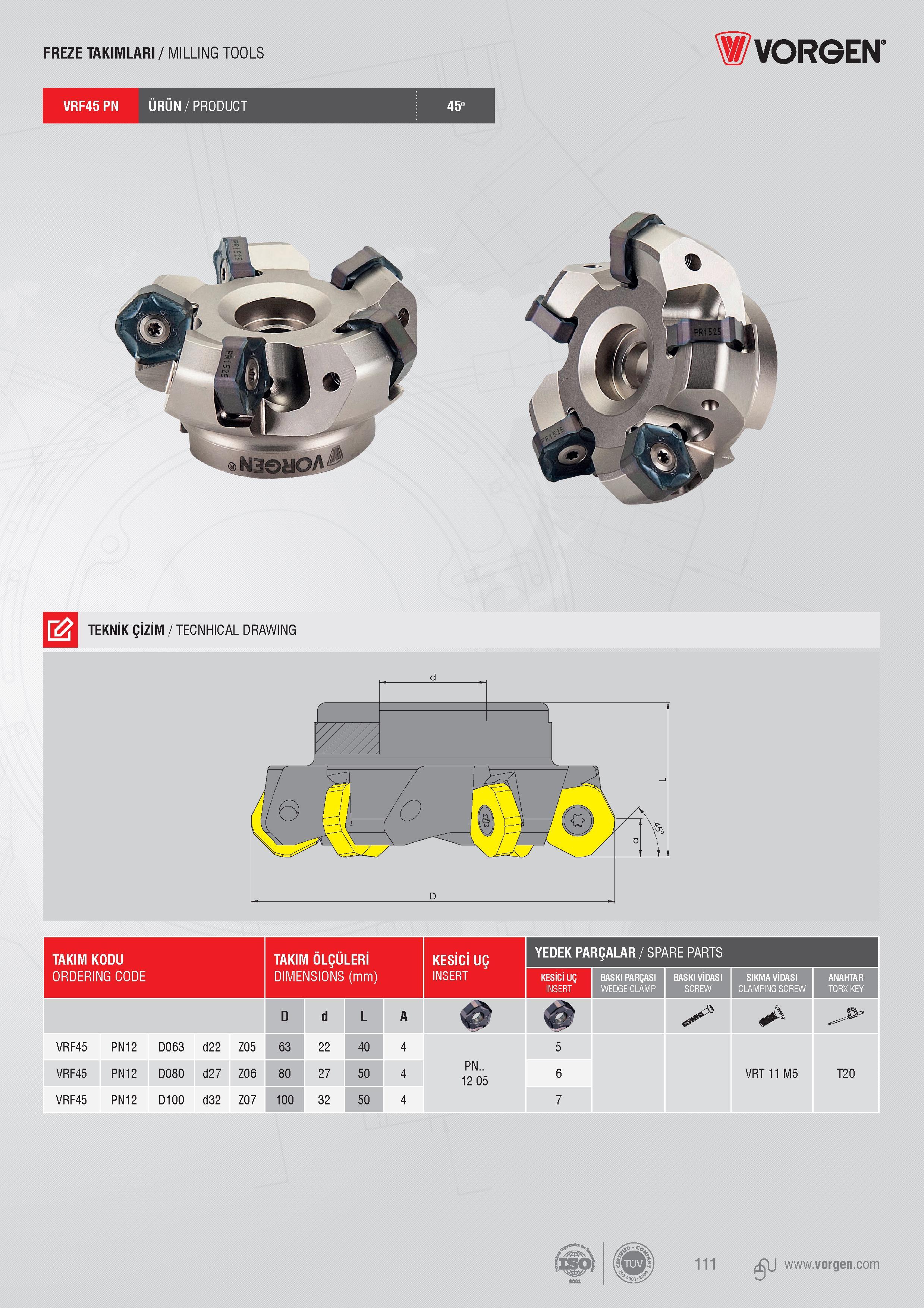 109 FREZE TAKIMLARI / MILLING TOOLS Vorgen VRF45PN ÜRÜN/PRODUCT 45 TEKNİK ÇİZİM / TECNHICAL DRAWING TAKIM KODU TAKIM ÖLÇÜLERİ KESİCİ UÇ YEDEK PARÇALAR / SPAR Каталог VORGEN 2018 Станочный инструмент с режущими сменными пластинами Токарные резцы Расточные державки и оправки Фрезы концевые и насадные с СРП Сверла Стр. 109