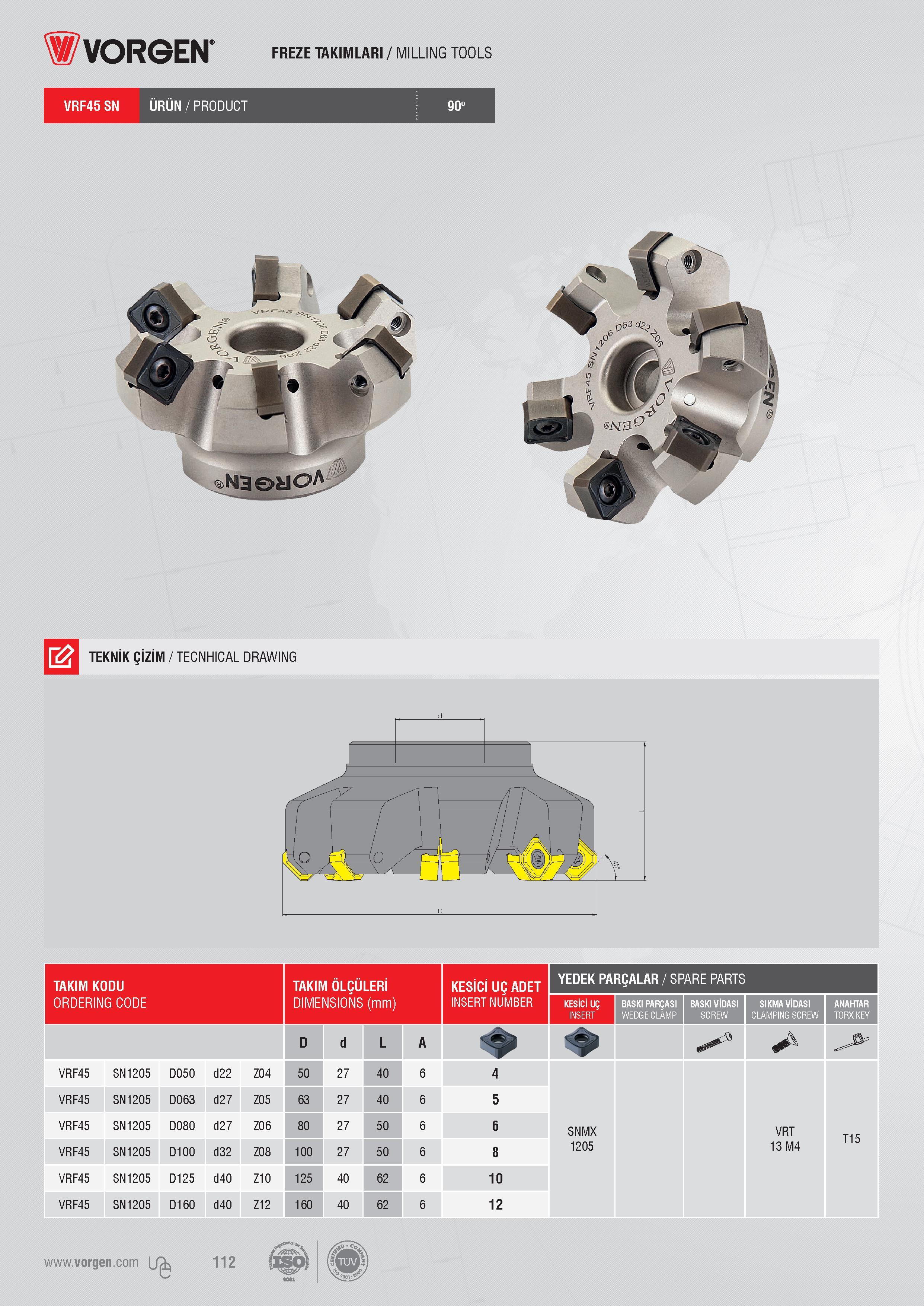 110 FREZE TAKIMLARI / MILLING TOOLS VRF45 SN ÜRÜN / PRODUCT 90 TEKNİK ÇİZİM / TECNHICAL DRAWING TAKIM KODU TAKIM ÖLÇÜLERİ KESİCİ UÇ ADET YEDEK PARÇALAR / SPA Каталог VORGEN 2018 Станочный инструмент с режущими сменными пластинами Токарные резцы Расточные державки и оправки Фрезы концевые и насадные с СРП Сверла Стр. 110