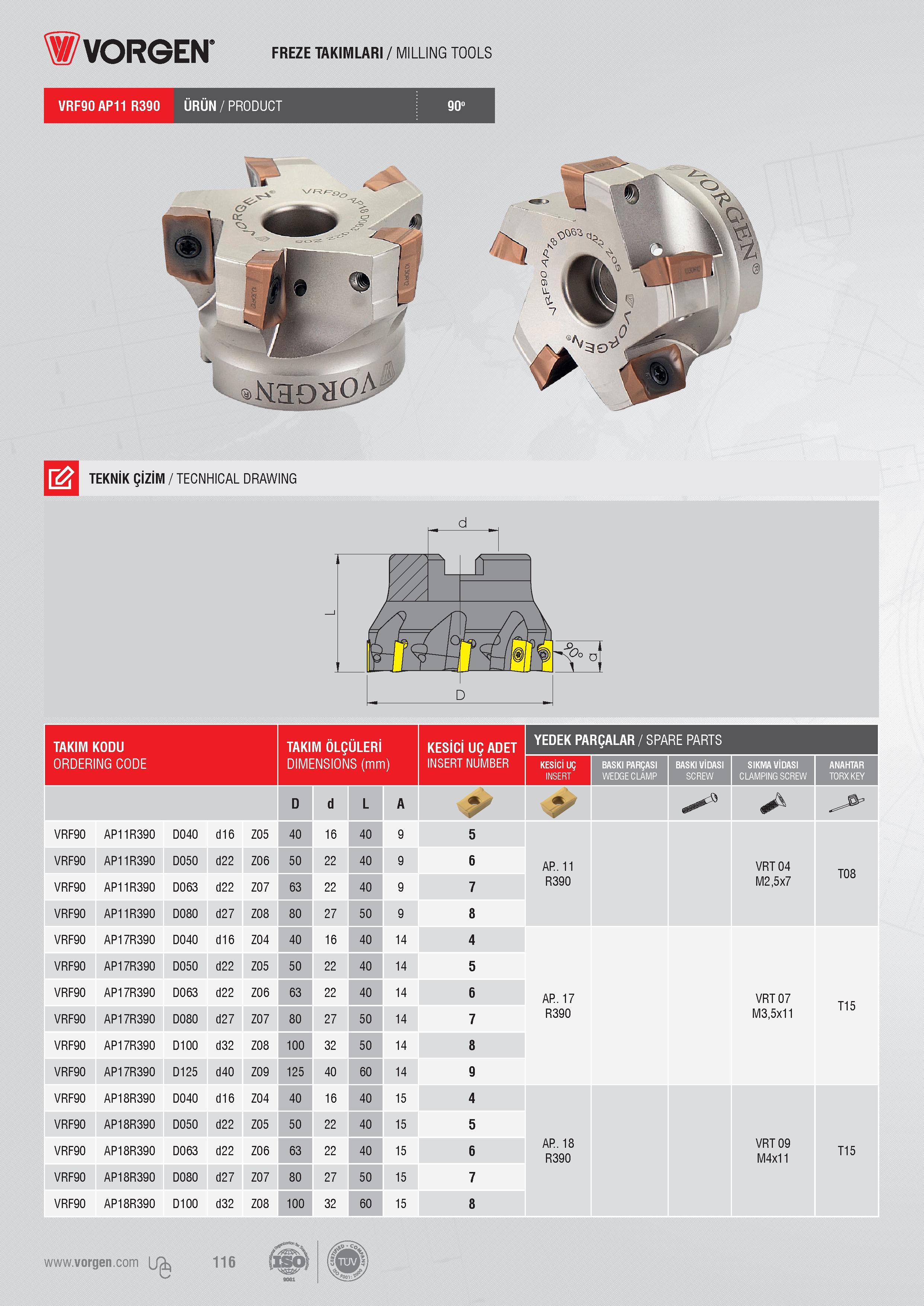 114 Vorgen FREZE TAKIMLARI / MILLING TOOLS VRF90 AP11 R390 ÜRÜN / PRODUCT Hao oA TEKNİK ÇİZİM / TECNHICAL DRAWING TAKIM KODU TAKIM ÖLÇÜLERİ KESİCİ UÇ ADET YE Каталог VORGEN 2018 Станочный инструмент с режущими сменными пластинами Токарные резцы Расточные державки и оправки Фрезы концевые и насадные с СРП Сверла Стр. 114