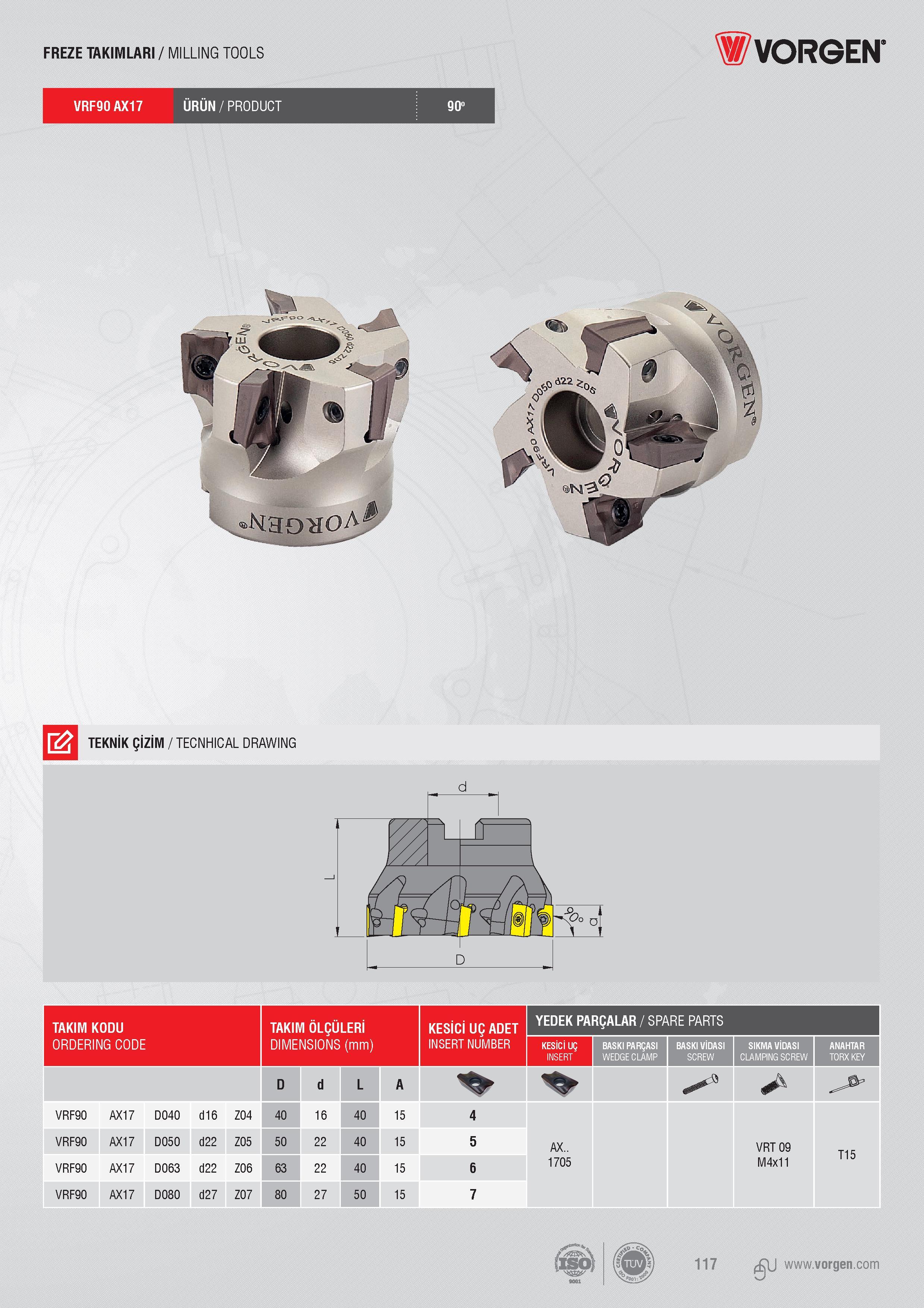 115 FREZE TAKIMLARI / MILLING TOOLS Vorgen VRF90AX17 ÜRÜN/PRODUCT 90 TAKIM KODU ORDERING CODE Код для заказа инструмента TAKIM ÖLÇÜLERİ DIMENSIONS (mm) Разме Каталог VORGEN 2018 Станочный инструмент с режущими сменными пластинами Токарные резцы Расточные державки и оправки Фрезы концевые и насадные с СРП Сверла Стр. 115