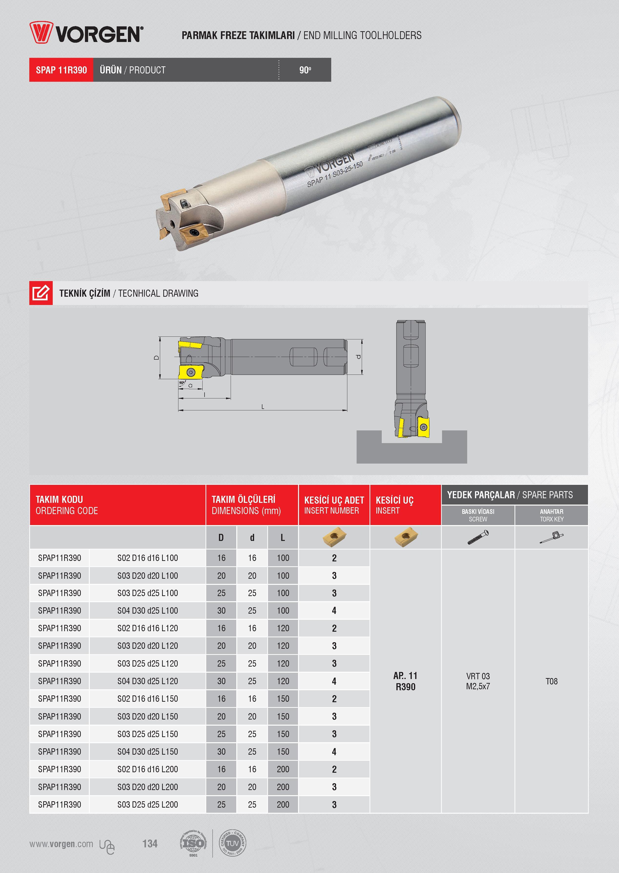 132 PARMAK FREZE TAKIMLARI / END MILLING TOOLHOLDERS SPAP11R390 ÜRÜN/PRODUCT 90 TEKNİK ÇİZİM / TECNHICAL DRAWING TAKIM KODU TAKIM ÖLÇÜLERİ KESİCİ UÇ ADET KES Каталог VORGEN 2018 Станочный инструмент с режущими сменными пластинами Токарные резцы Расточные державки и оправки Фрезы концевые и насадные с СРП Сверла Стр. 132