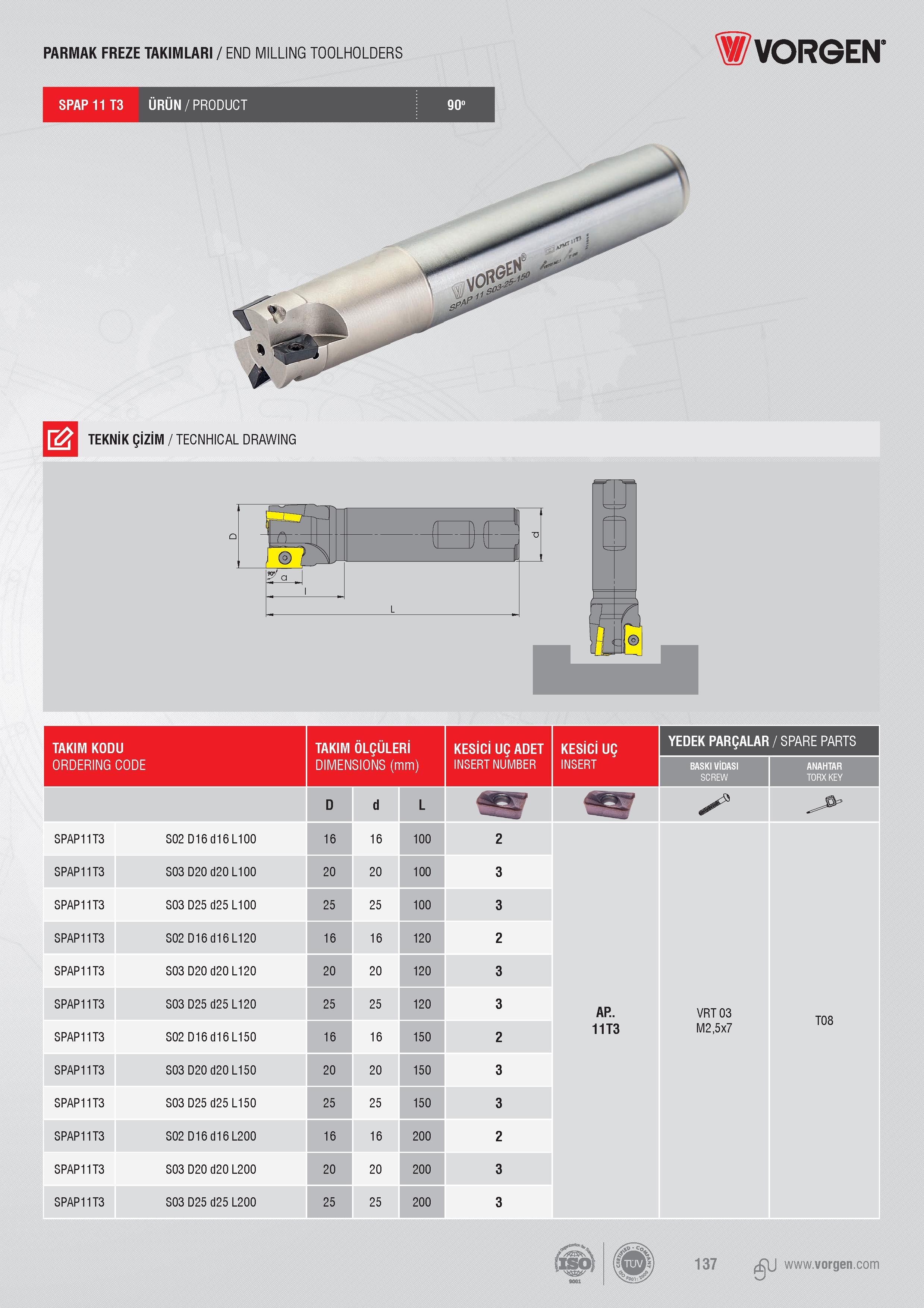 135 PARMAK FREZE TAKIMLARI / END MILLING TOOLHOLDERS Vorgen SPAP11T3 ÜRÜN/PRODUCT 90 TEKNİK ÇİZİM / TECNHICAL DRAWING TAKIM KODU TAKIM ÖLÇÜLERİ KESİCİ UÇ ADE Каталог VORGEN 2018 Станочный инструмент с режущими сменными пластинами Токарные резцы Расточные державки и оправки Фрезы концевые и насадные с СРП Сверла Стр. 135