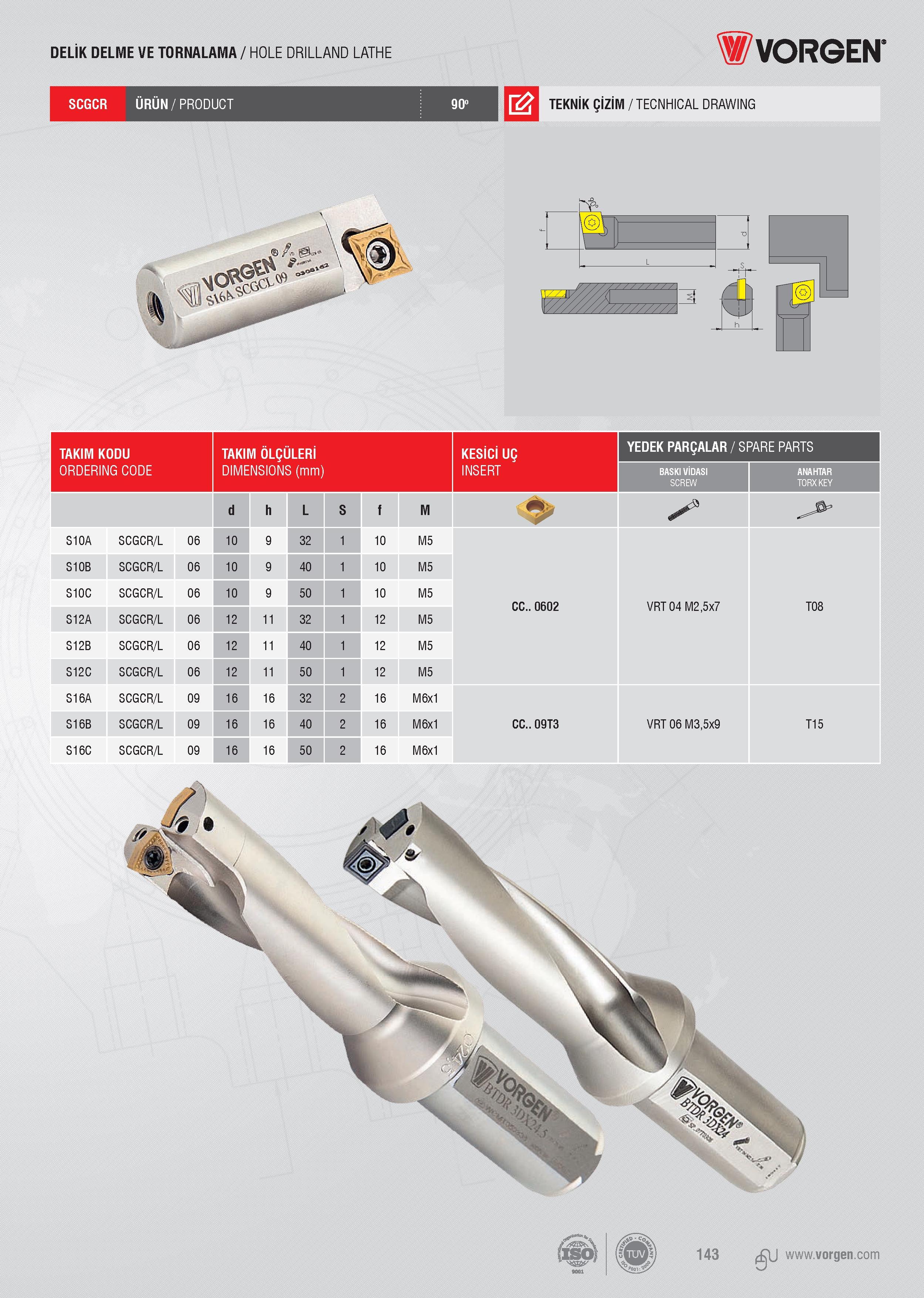 140 DELİK DELME VE TORNALAMA / HOLE DRILLAND LATHE Vorgen SCGCR ÜRÜN/PRODUCT 90 TEKNİK ÇİZİM / TECNHICAL DRAWING TAKIM KODU TAKIM ÖLÇÜLERİ KESİCİ UÇ YEDEK PA Каталог VORGEN 2018 Станочный инструмент с режущими сменными пластинами Токарные резцы Расточные державки и оправки Фрезы концевые и насадные с СРП Сверла Стр. 140