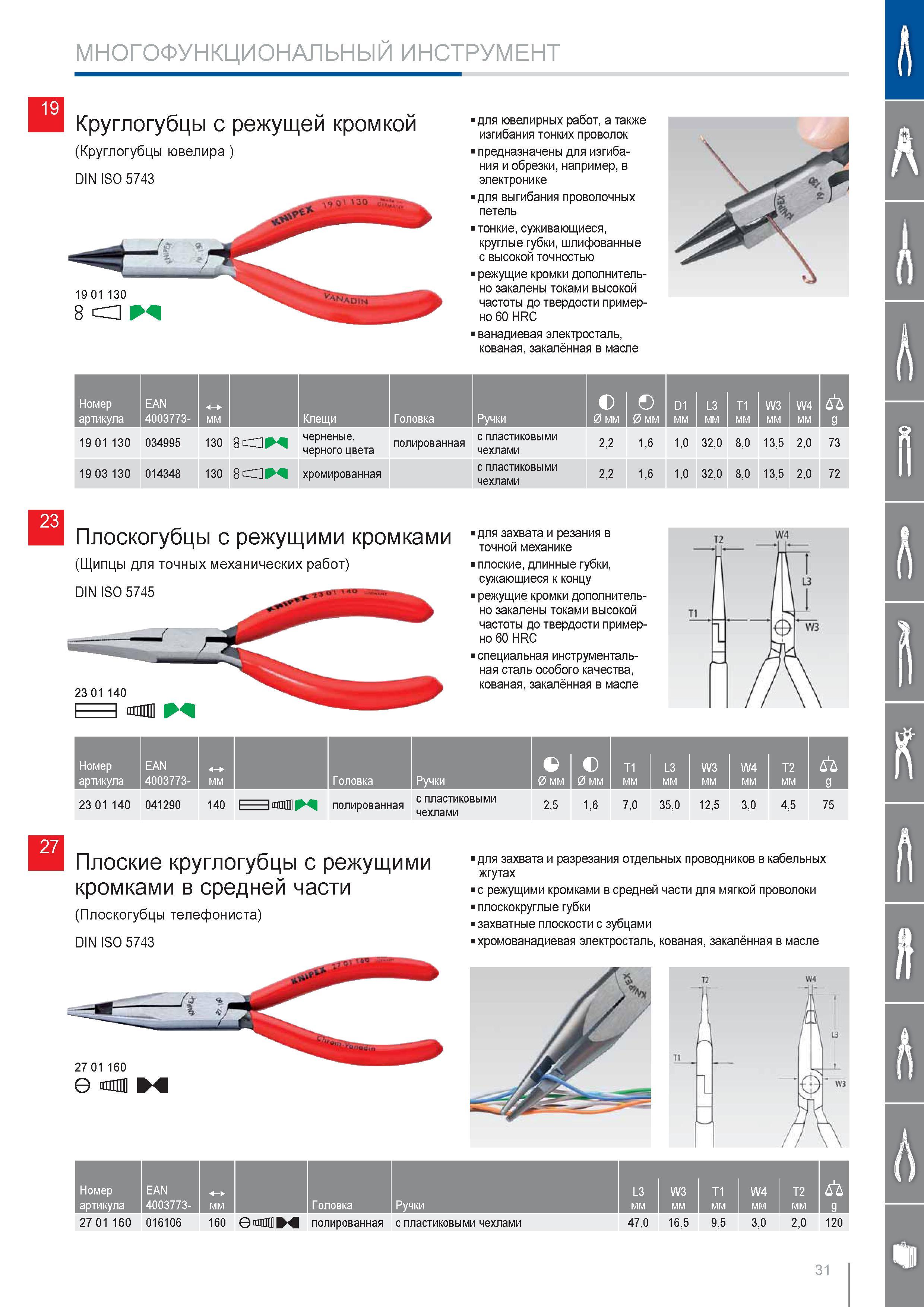 31 Круглогубцы Knipex с режущей кромкой для ювелирных работ а также изгибания тонких проволок Данный ручной инструмент предназначен для изгибания и обрезки Для выгибани Каталог KNIPEX 2014 Профессиональный ручной инструмент для удаления изоляции Плоскогубцы Кусачки Ножницы Клещи Бокорезы Стр. 31