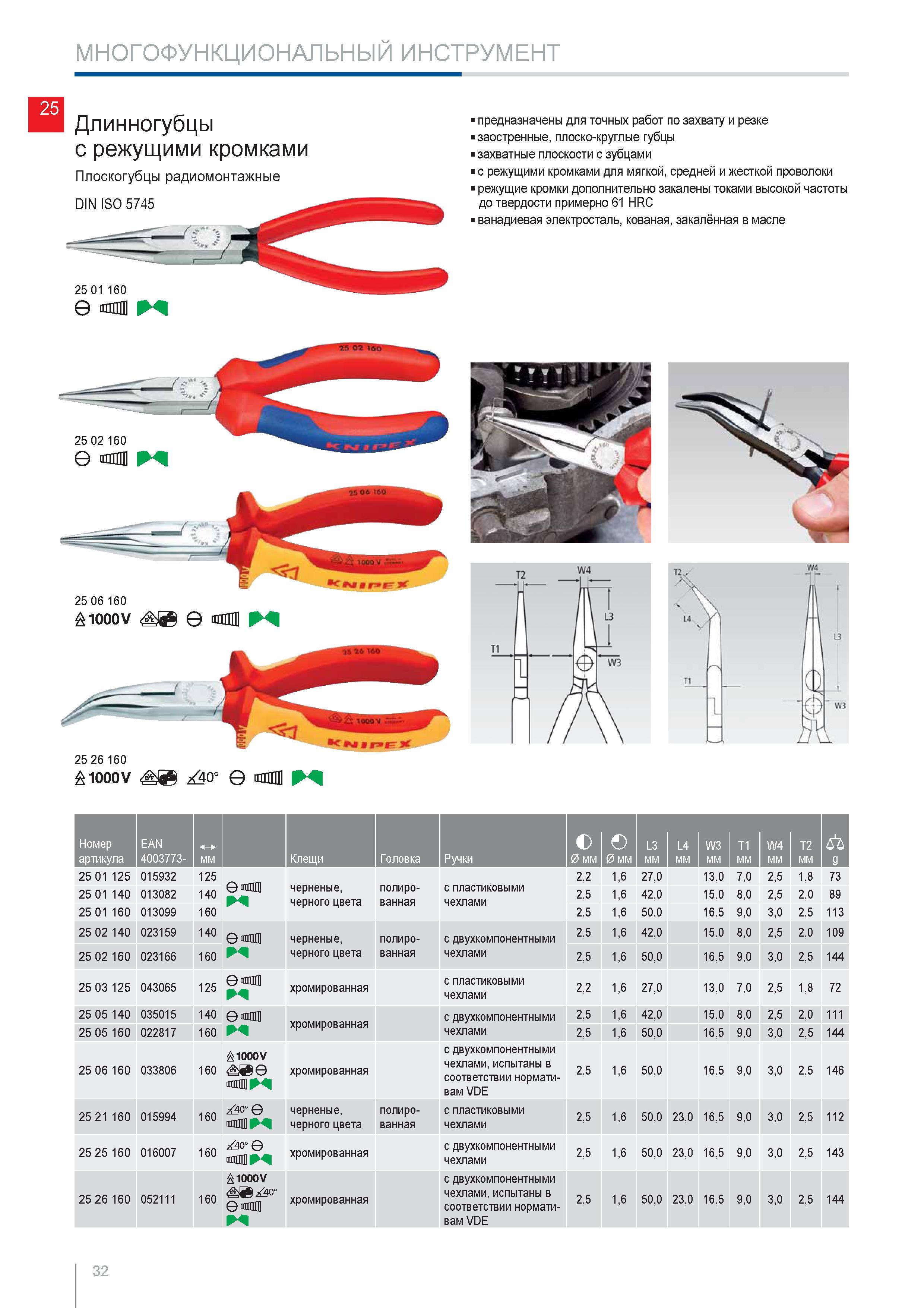 32 Длинногубцы с режущими кромками Knipex предназначены для точных работ по захвату и резке Профессиональный ручной многофункциональный инструмент Основные характеристи Каталог KNIPEX 2014 Профессиональный ручной инструмент для удаления изоляции Плоскогубцы Кусачки Ножницы Клещи Бокорезы Стр. 32