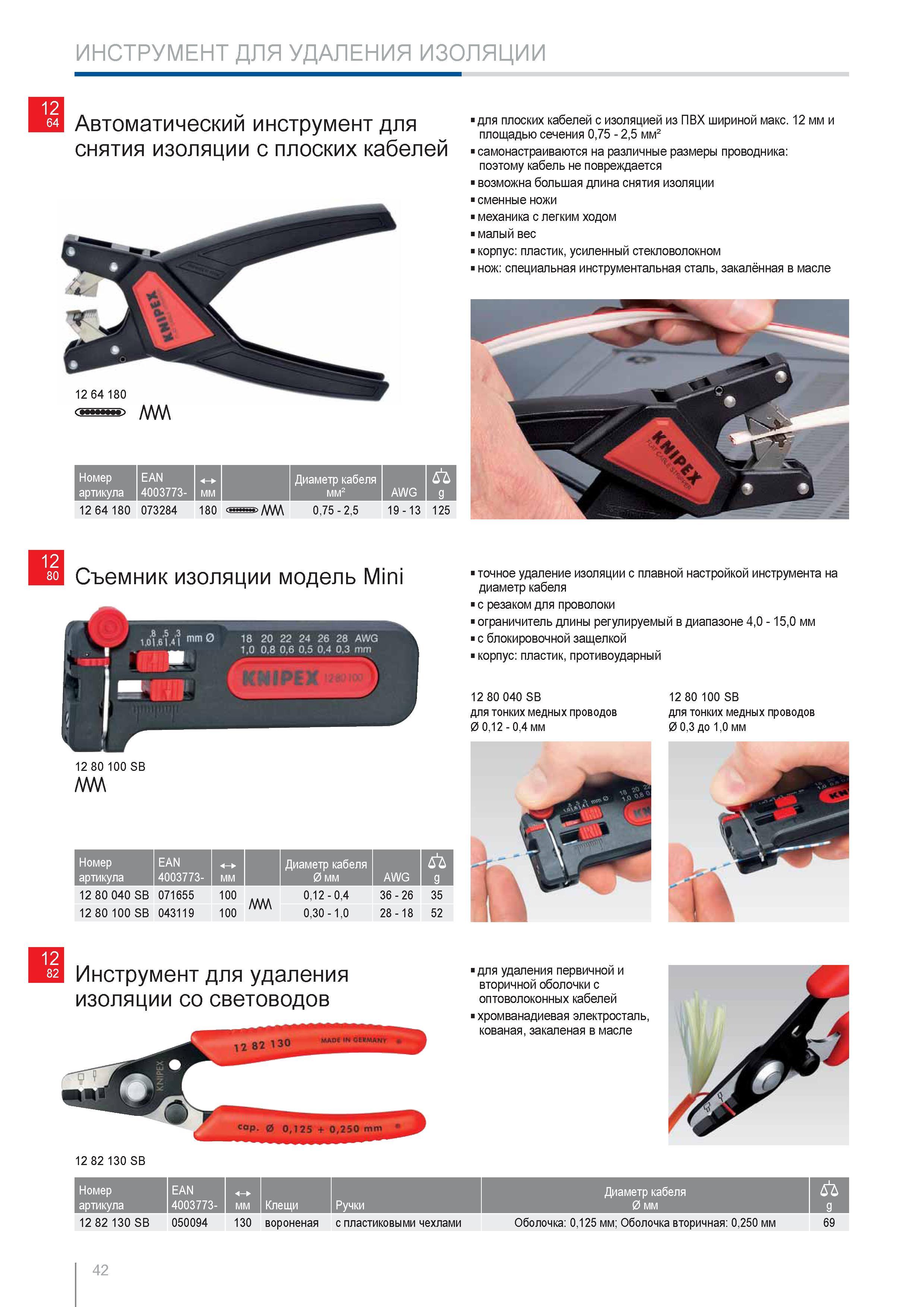 42 Автоматический инструмент Knipex для снятия изоляции с плоских кабелей 12 64 180 дам Номер артикула EAN 4003773- мм Диаметр кабеля мм2 AWG 9 12 64 180 073284 180 075 Каталог KNIPEX 2014 Профессиональный ручной инструмент для удаления изоляции Плоскогубцы Кусачки Ножницы Клещи Бокорезы Стр. 42
