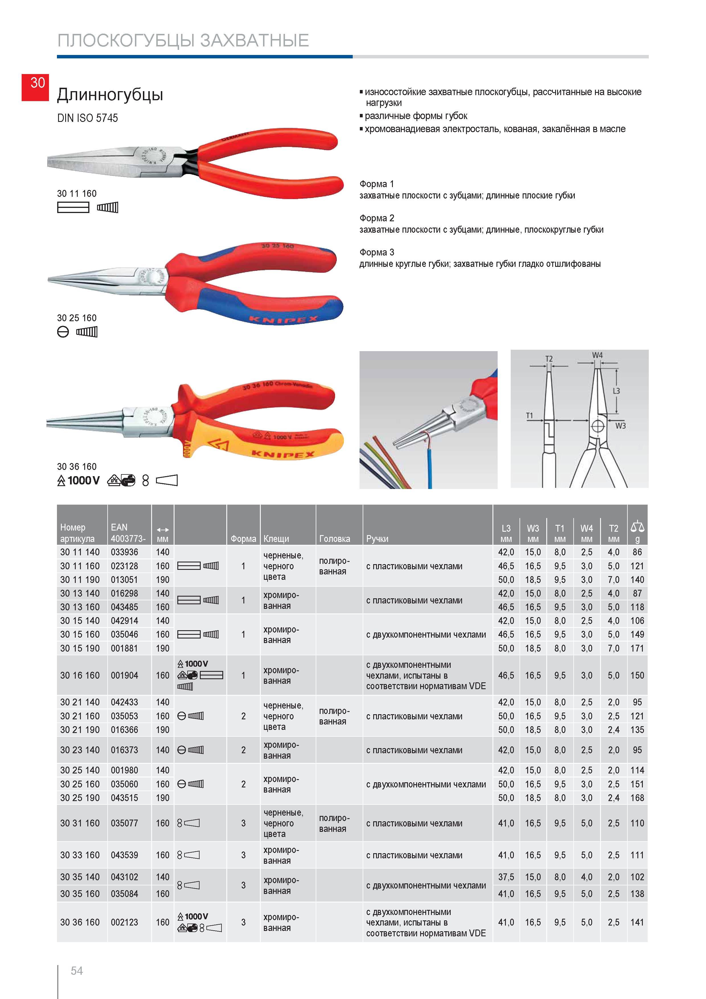 54 Длинногубцы Knipex DIN ISO 5745 износостойкие захватные Плоскогубцы рассчитанные на высокие нагрузки различные формы губок хромованадиевая электросталь кованая закал Каталог KNIPEX 2014 Профессиональный ручной инструмент для удаления изоляции Плоскогубцы Кусачки Ножницы Клещи Бокорезы Стр. 54