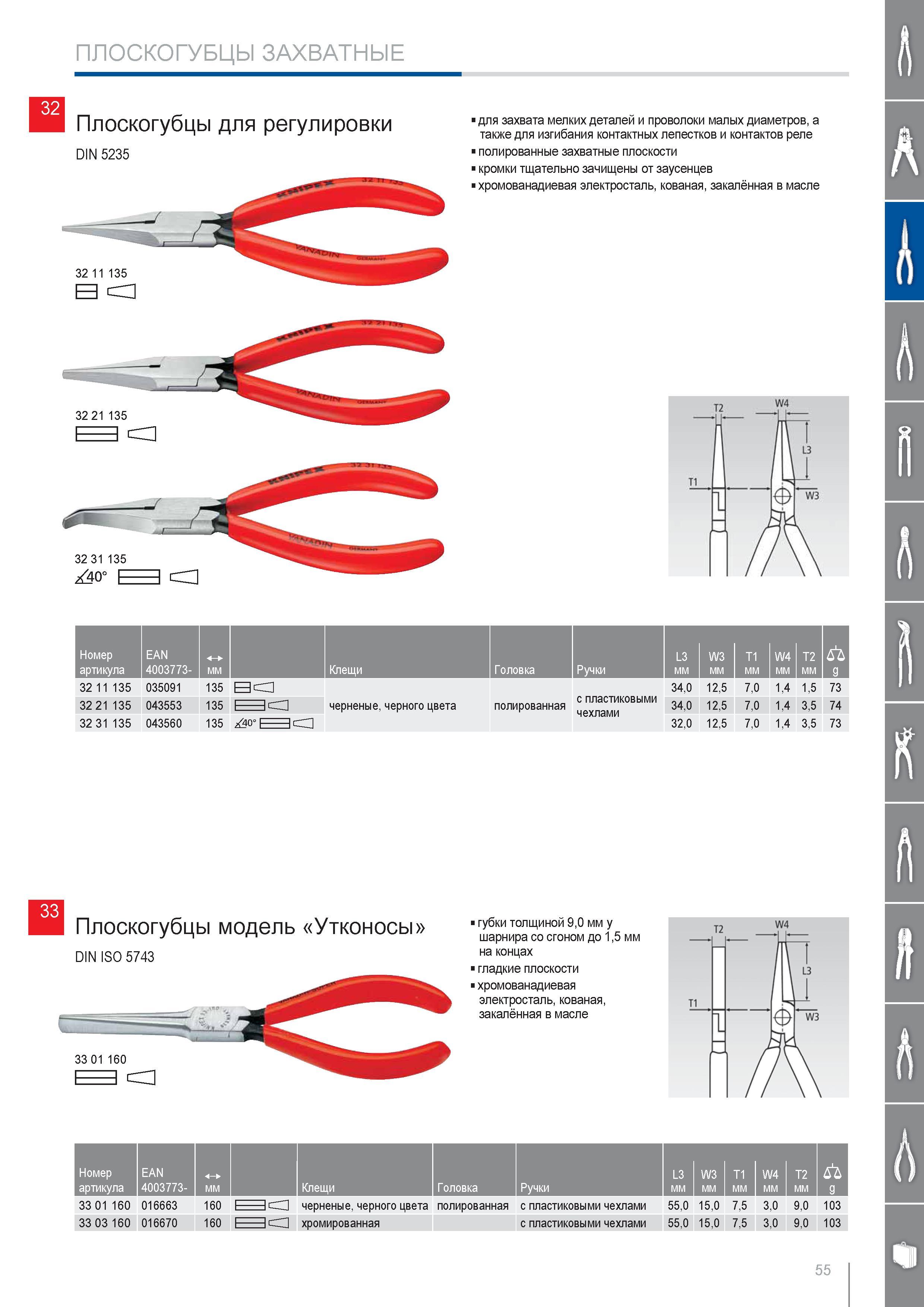 55 Плоскогубцы для регулировки Knipex DIN 5235 для захвата мелких деталеи и проволоки малых диаметров для изгибания контактных лепестков и контактов реле полированные з Каталог KNIPEX 2014 Профессиональный ручной инструмент для удаления изоляции Плоскогубцы Кусачки Ножницы Клещи Бокорезы Стр. 55