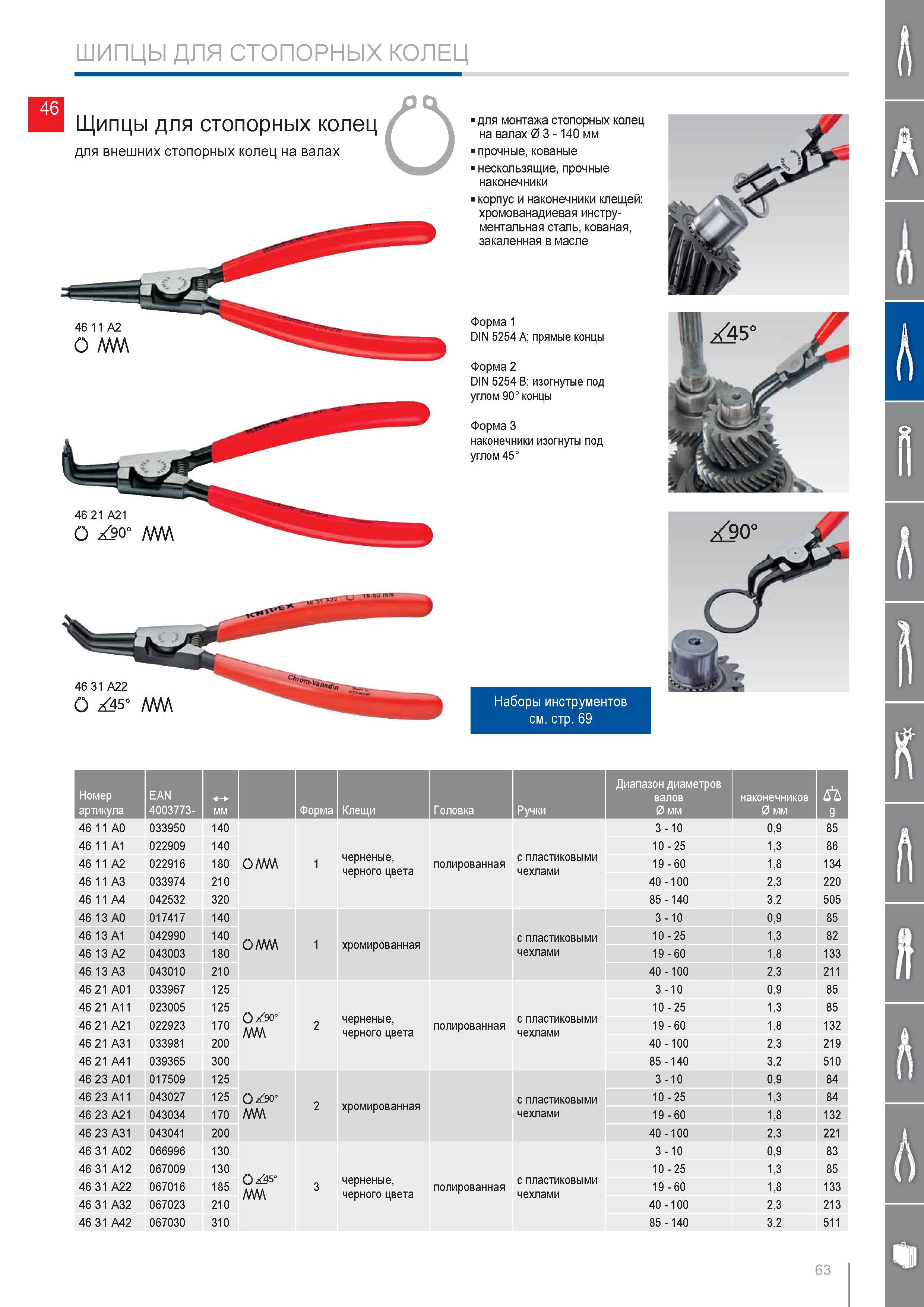 63 Щипцы Knipex для внешних стопорных колец на валах диаметром 3 -140 мм прочные кованые нескользящие прочные наконечники корпус и наконечники клещей хромованадиевая ин Каталог KNIPEX 2014 Профессиональный ручной инструмент для удаления изоляции Плоскогубцы Кусачки Ножницы Клещи Бокорезы Стр. 63
