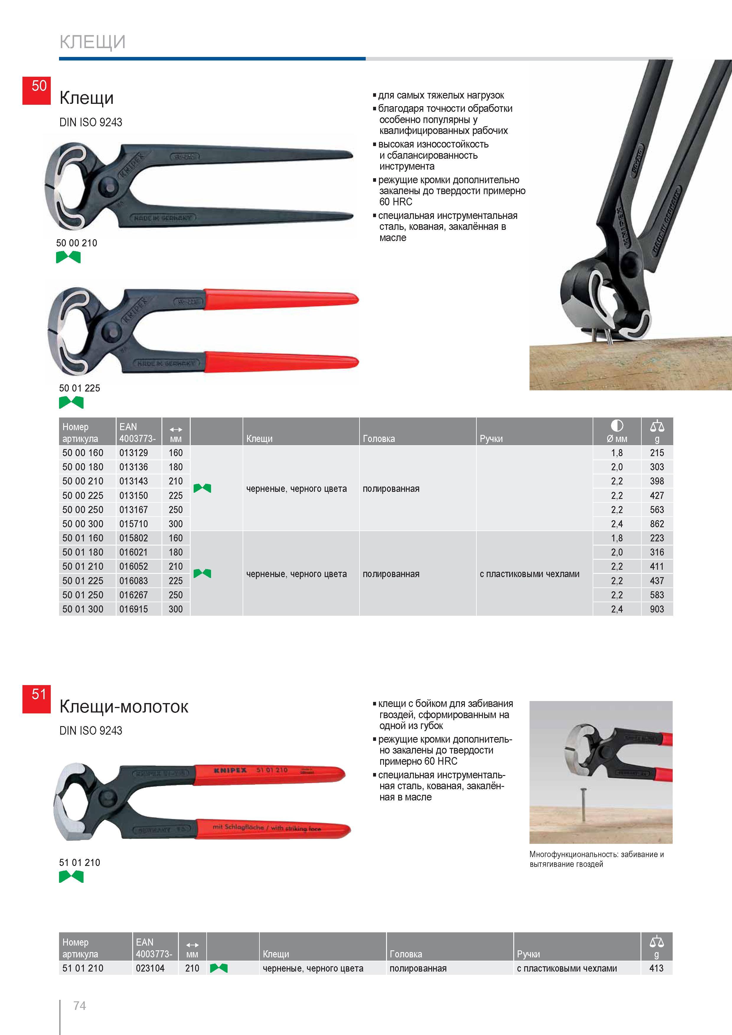 74 Столярные клещи Knipex 51 01 210 DIN ISO 9243 с бойком для забивания гвоздей сформированным на одной из губок Клеши-молоток Режущие кромки ручного инструмента дополн Каталог KNIPEX 2014 Профессиональный ручной инструмент для удаления изоляции Плоскогубцы Кусачки Ножницы Клещи Бокорезы Стр. 74