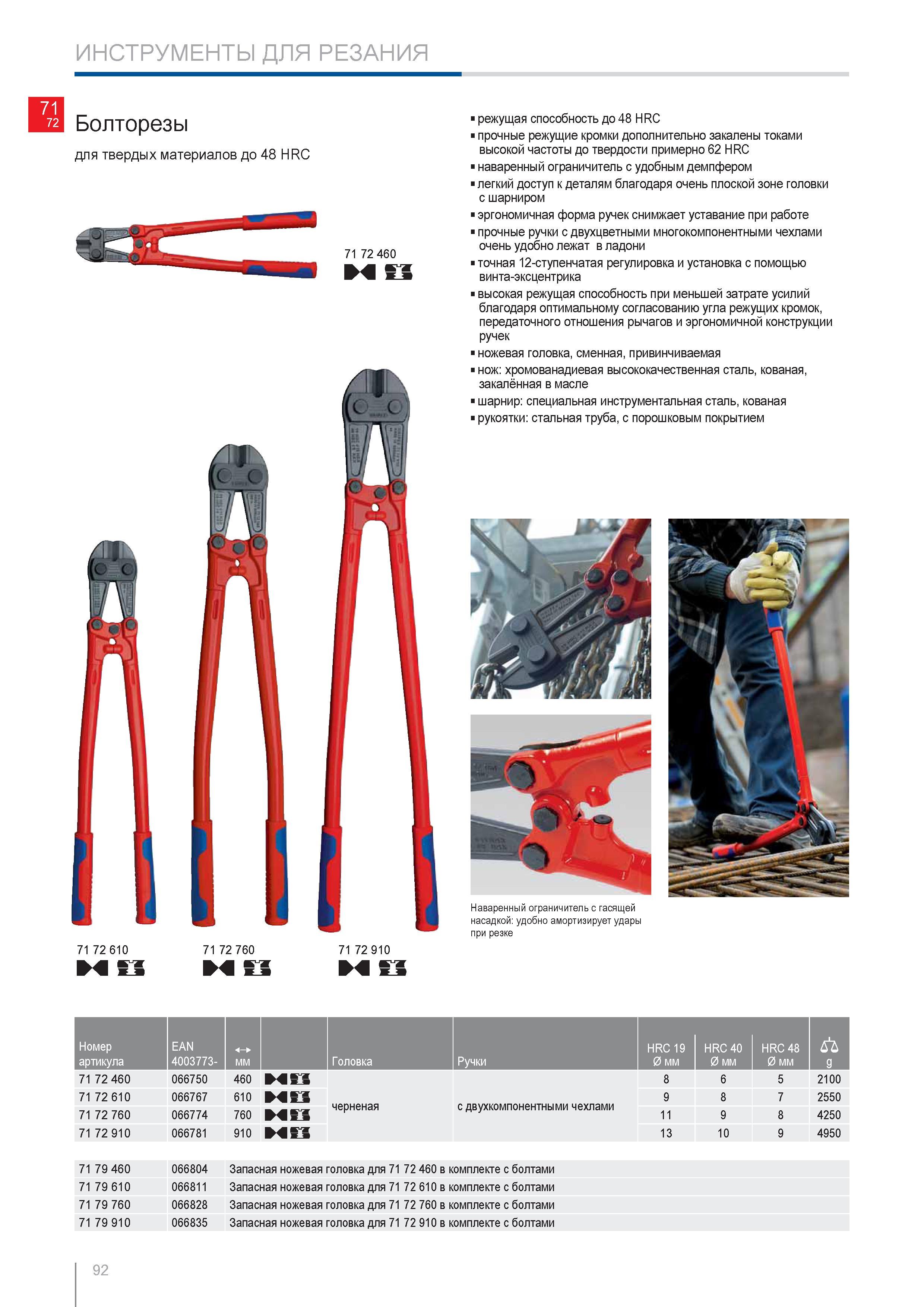 92 Прочные режущие кромки болторезов Knipex дополнительно закалены токами высокой частоты до твердости примерно 62 HRC Наваренный ограничитель ручного инструмента с удо Каталог KNIPEX 2014 Профессиональный ручной инструмент для удаления изоляции Плоскогубцы Кусачки Ножницы Клещи Бокорезы Стр. 92