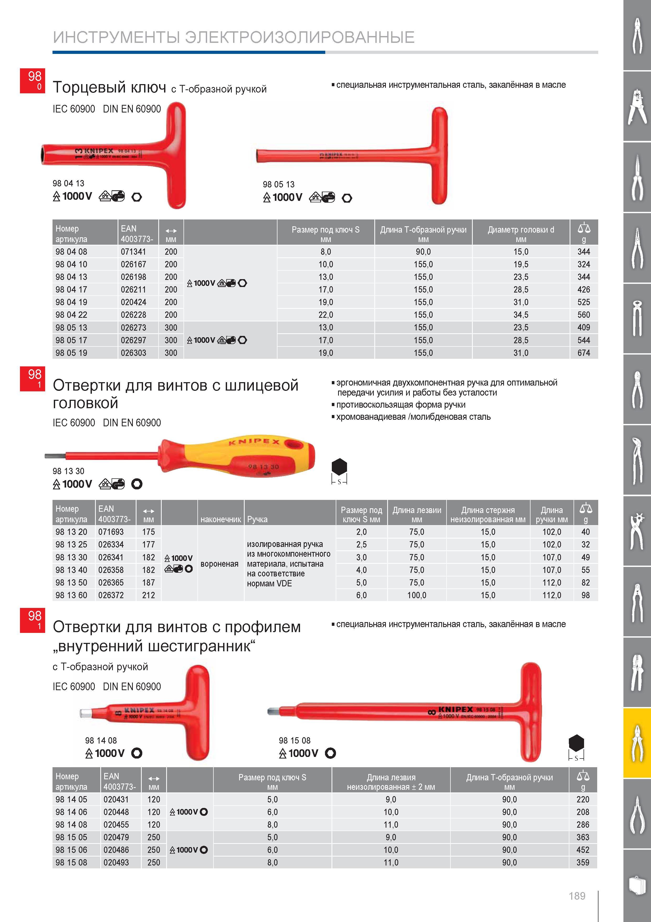 189 Торцевый ключ Knipex с Т-образной ручкой IEC 60900 DIN EN 60900 специальная инструментальная сталь закаленная в масле Отвертки для винтов с шлицевой головкой эргоном Каталог KNIPEX 2014 Профессиональный ручной инструмент для удаления изоляции Плоскогубцы Кусачки Ножницы Клещи Бокорезы Стр. 189