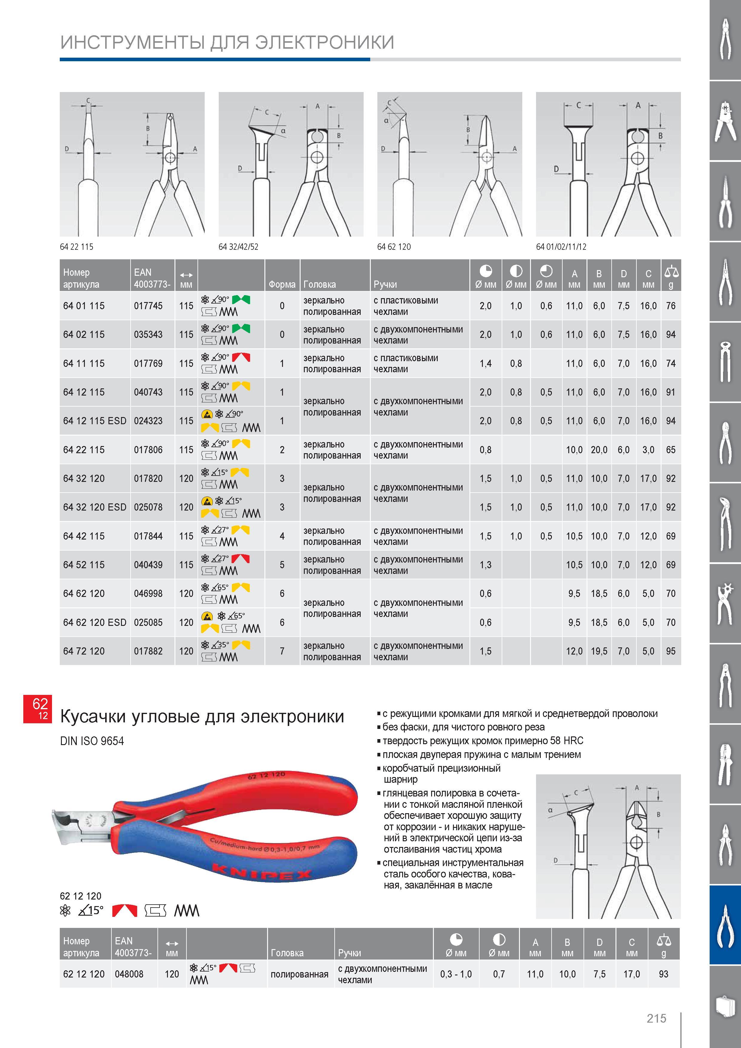 215 Кусачки угловые для электроники Knipex DIN ISO 9654 с режущими кромками для мягкой и среднетвердой проволоки без фаски для чистого ровного реза твердость режущих кро Каталог KNIPEX 2014 Профессиональный ручной инструмент для удаления изоляции Плоскогубцы Кусачки Ножницы Клещи Бокорезы Стр. 215