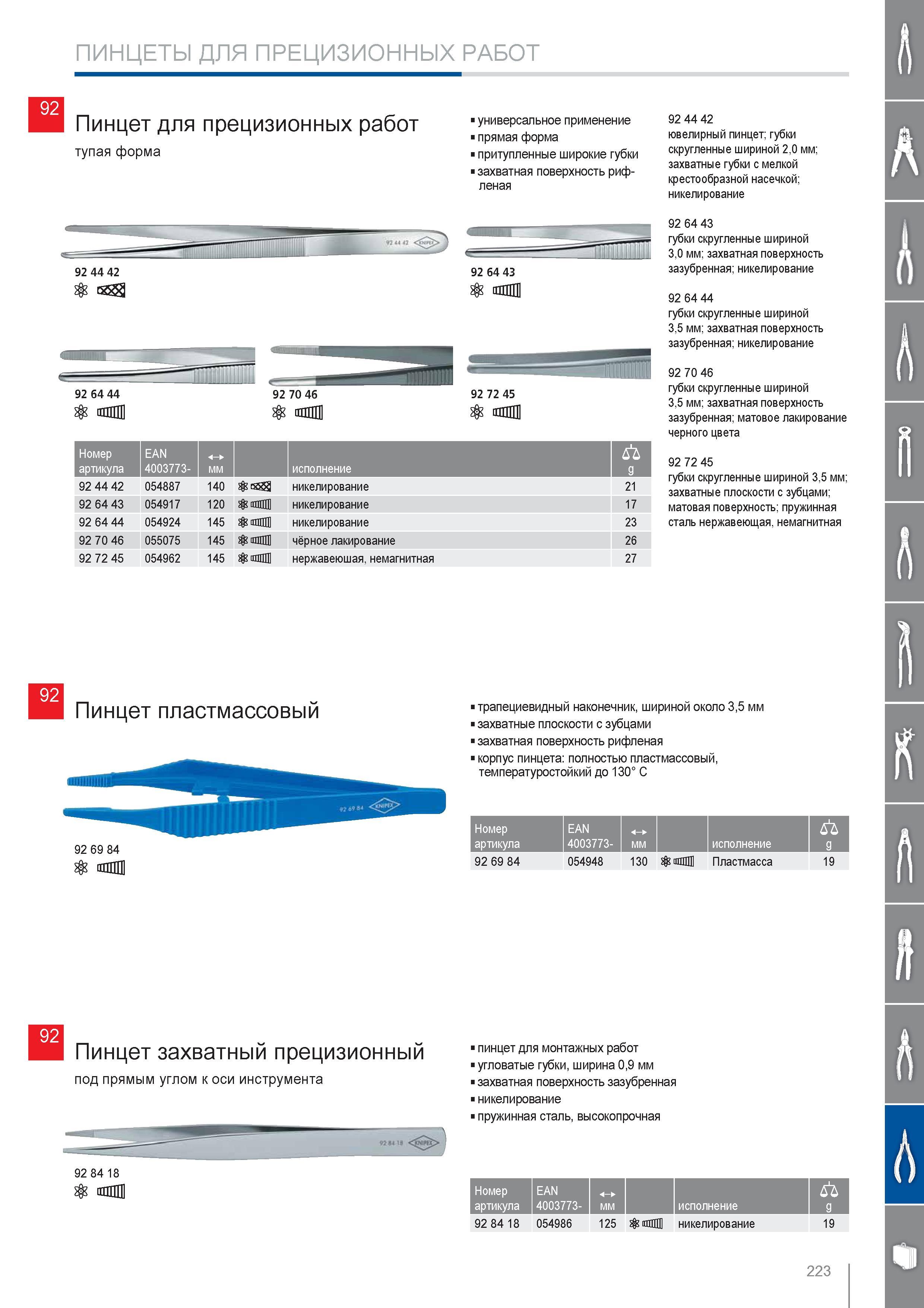 223 Пинцет Knipex для прецизионных работ тупая форма универсальное применение прямая форма притупленные широкие губки захватная поверхность рифленая 92 44 42 92 64 43 92 Каталог KNIPEX 2014 Профессиональный ручной инструмент для удаления изоляции Плоскогубцы Кусачки Ножницы Клещи Бокорезы Стр. 223