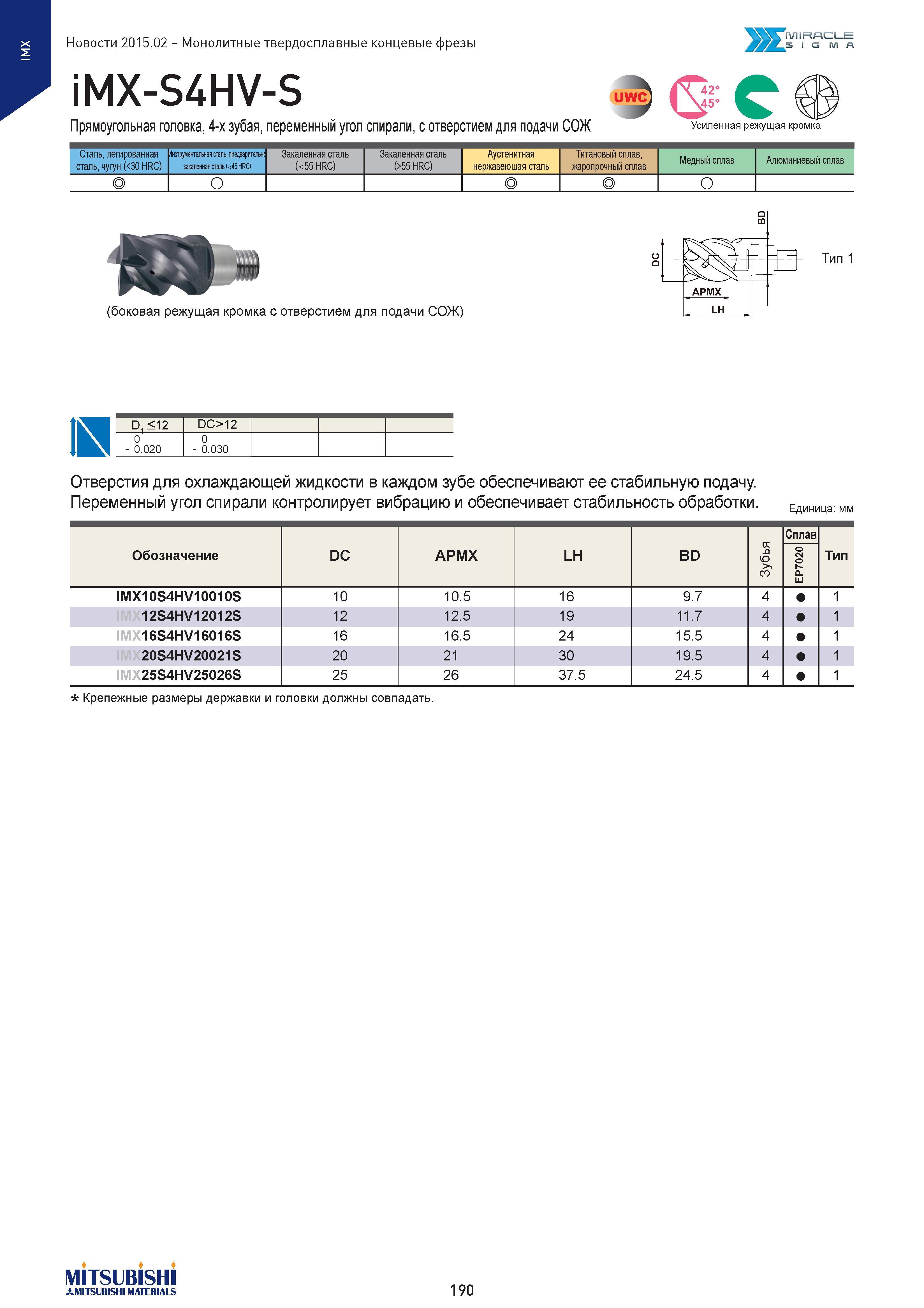 190 Монолитные твердосплавные концевые фрезы iMX-S4HV-S uwc Прямоугольная головка, 4-х зубая, переменный угол спирали, с отверстием для подачи СОЖ Усиленн Каталог MITSUBISHI 2015 Новый режущий инструмент для точения фрезерования сверления на металлоообрабатывающем промышленном оборудовании Издание 15.2 Стр. 190