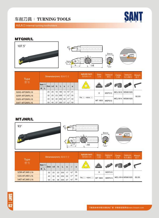 68 TURNING TOOLS SANT t re 7i Internal turning toolholders MTQNR/L Dmln 5a - 7 Tunp Di( emlon(mm) ¥ K'J tatrt nav ww/m Shwn /Jfc Gwim Clamp i ;b< C W Ot Wrenc Каталог SANT 2016 Металлорежущий инструмент со сменными режущими пластинами Токарные резцы с СРП Расточные оправки Резьбовые державки Торцевые фрезы Корпусные сверла Стр. 62