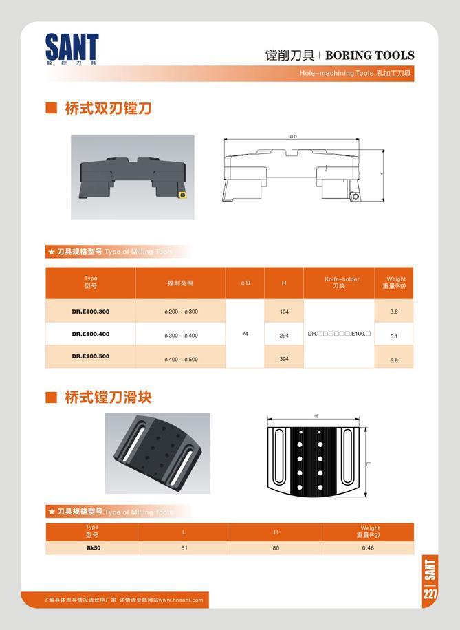 233 SANT SBTH BORING TOOLS JUMIZJS Type tfMSH CD H Kn fe-holder 7) Weight <xg> DR E100 300 C 200 - C 300 194 36 DR E100 400 C 300 - C 400 74 79 DR UDODOaE100 U Каталог SANT 2016 Металлорежущий инструмент со сменными режущими пластинами Токарные резцы с СРП Расточные оправки Резьбовые державки Торцевые фрезы Корпусные сверла Стр. 227