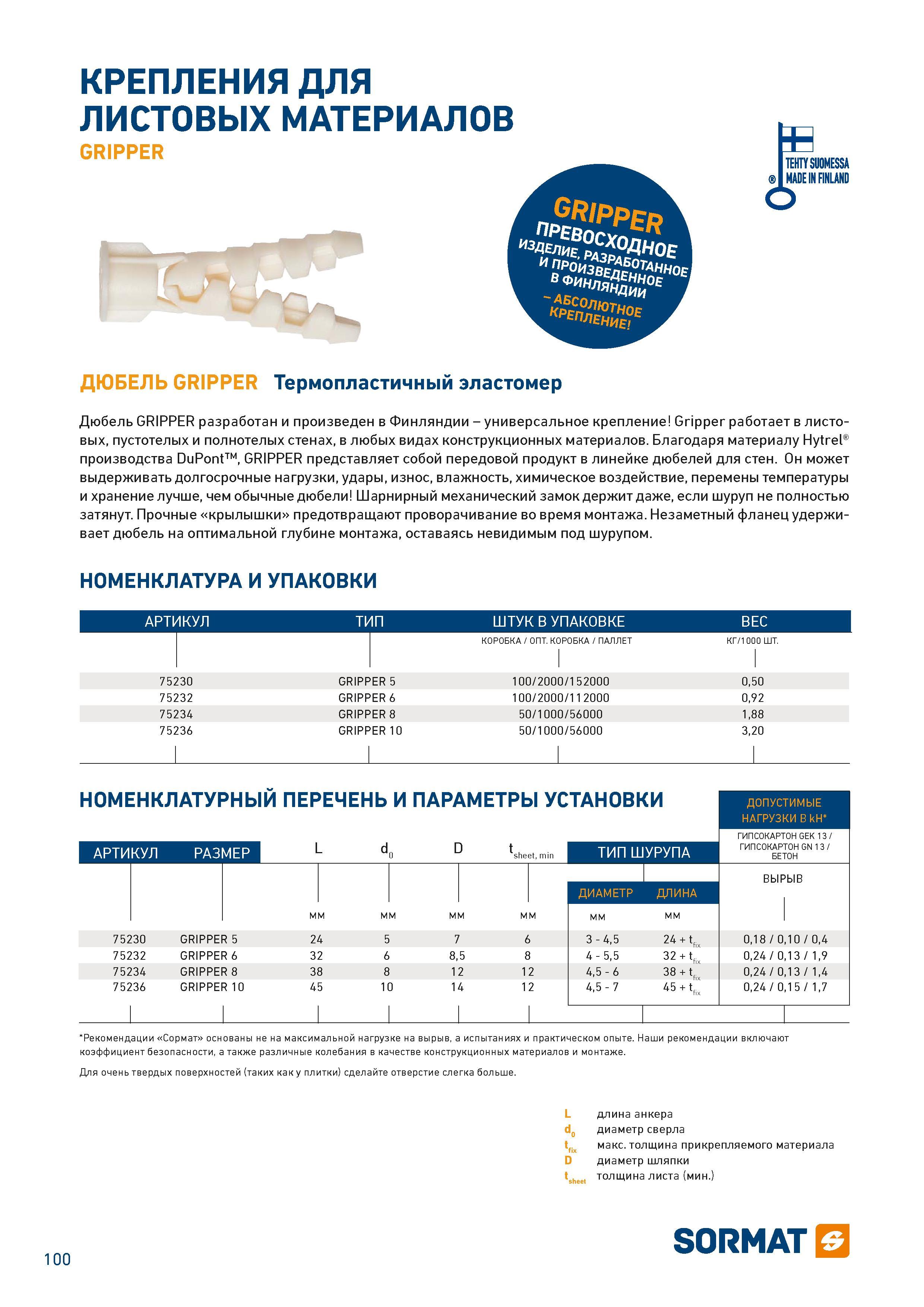 100  Каталог SORMAT 2016 Крепежная техника и системы Металлические и химические анкеры Дюбели Шурупы Установочный инструмент Монтажные ленты Уплотнительные втулки Стр. 100