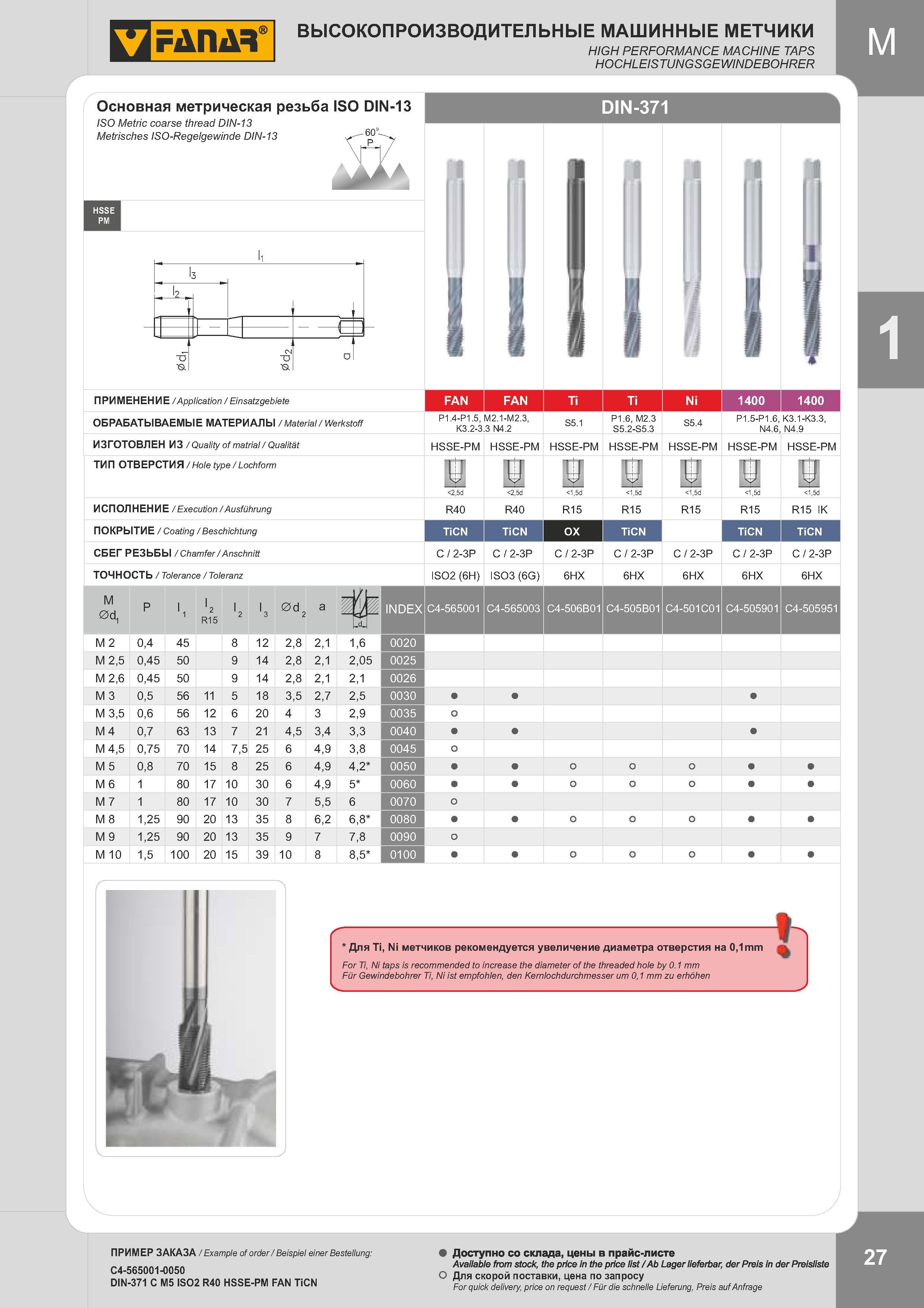 30 Производительные машинные метчики High performance machine taps Hochleistungsgewindebohrer Каталог FANAR 2014 Станочный и ручной металлорежущий инструмент для обработки резьбы Метчики Раскатники Плашки Резьбонарезные станки и приспособления Инструментальная оснастка Стр. 27