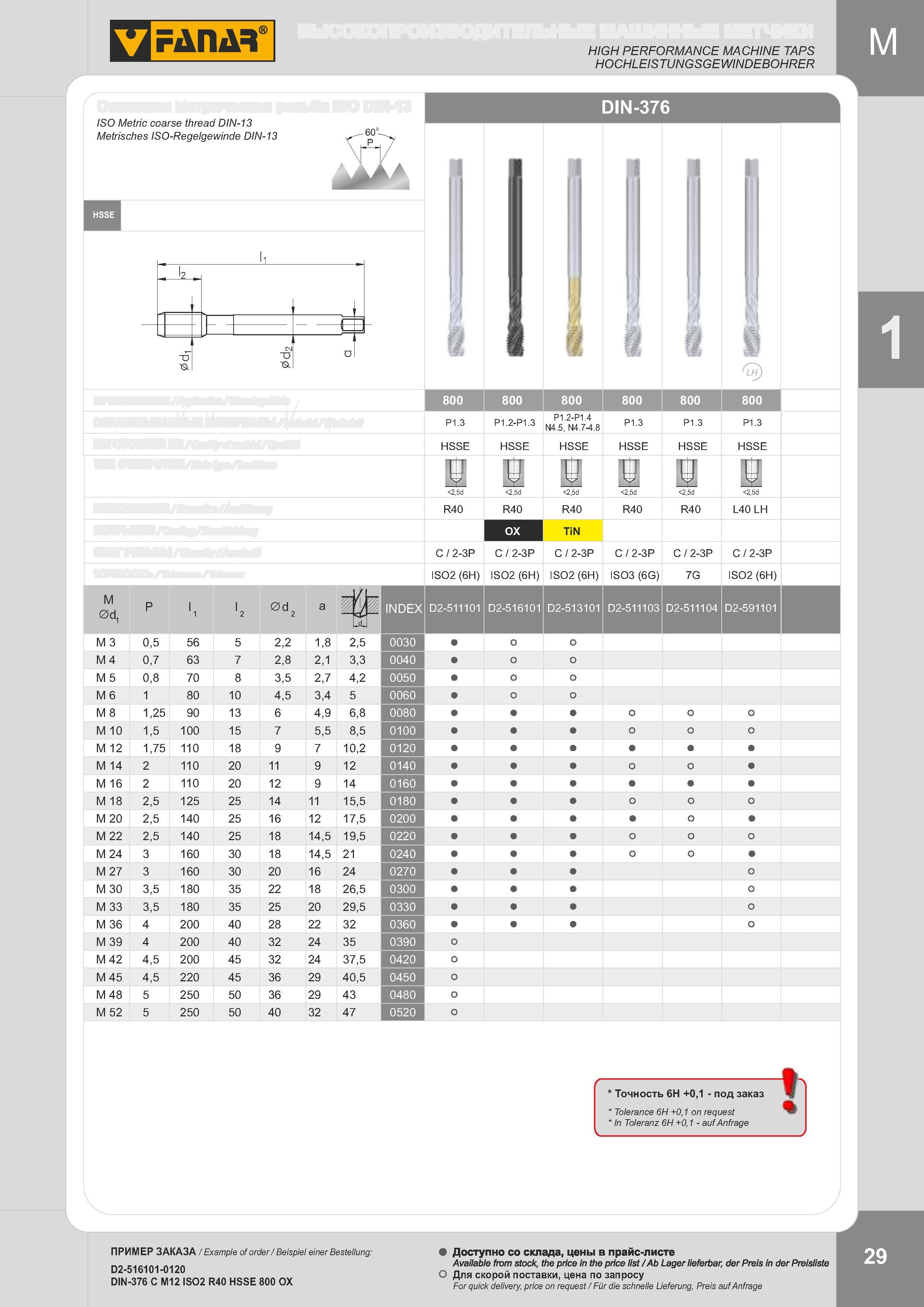 32 HIGH PERFORMANCE MACHINE TAPS HOCHLEISTUNGSGEWINDEBOHRER ISO Metric coarse thread DIN-13 Metrisches ISO-Regelgewinde DIN-13 M 0d, P l1 l2 0 d 2 a M 3 Каталог FANAR 2014 Станочный и ручной металлорежущий инструмент для обработки резьбы Метчики Раскатники Плашки Резьбонарезные станки и приспособления Инструментальная оснастка Стр. 29