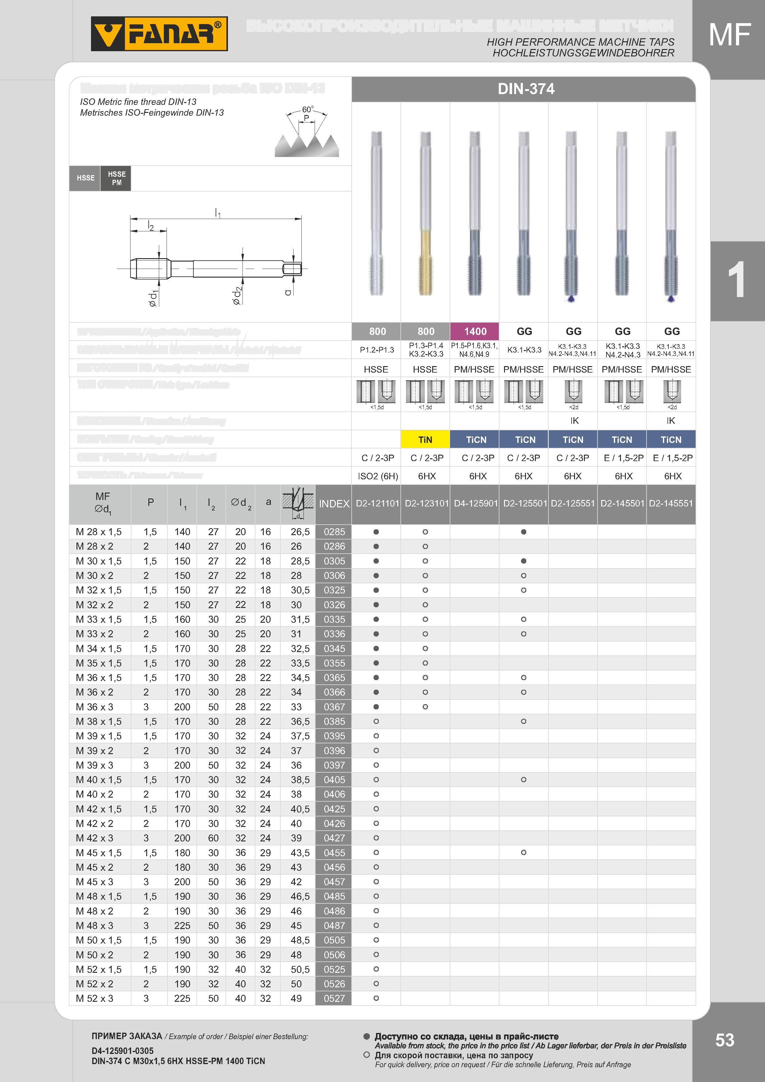 56 HIGH PERFORMANCE MACHINE TAPS HOCHLEISTUNGSGEWINDEBOHRER ISO Metric fine thread DIN-13 Metrisches ISO-Feingewinde DIN-13 DIN-374 60” D2-123101 D4-1259 Каталог FANAR 2014 Станочный и ручной металлорежущий инструмент для обработки резьбы Метчики Раскатники Плашки Резьбонарезные станки и приспособления Инструментальная оснастка Стр. 53