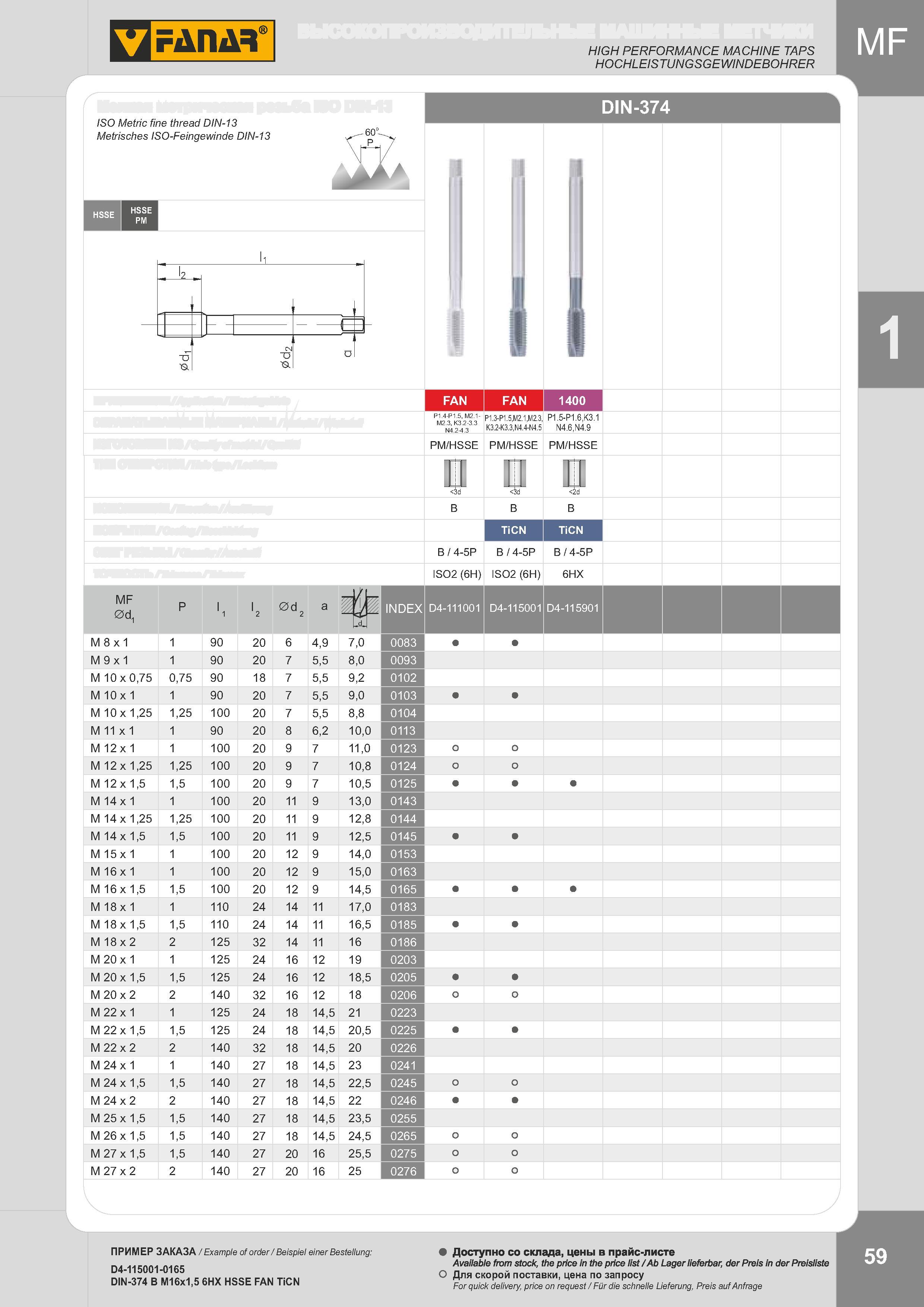 62 HIGH PERFORMANCE MACHINE TAPS HOCHLEISTUNGSGEWINDEBOHRER ISO Metric fine thread DIN-13 Metrisches ISO-Feingewinde DIN-13 DIN-374 M 8 x 1 M 9 x 1 M 10 Каталог FANAR 2014 Станочный и ручной металлорежущий инструмент для обработки резьбы Метчики Раскатники Плашки Резьбонарезные станки и приспособления Инструментальная оснастка Стр. 59