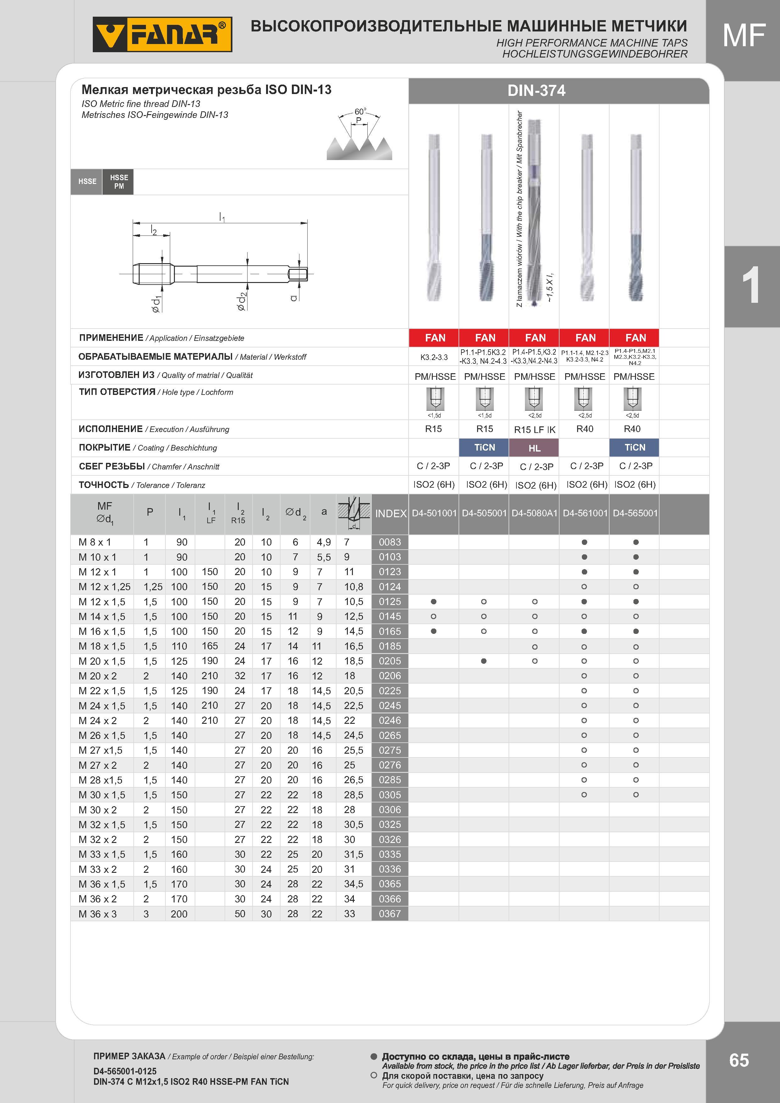 68 Высокопроизводительные машинные метчики High performance machine taps Hochleistungsgewindebohrer Мелкая метрическая резьба ISO DIN-13 ISO Metric fine Каталог FANAR 2014 Станочный и ручной металлорежущий инструмент для обработки резьбы Метчики Раскатники Плашки Резьбонарезные станки и приспособления Инструментальная оснастка Стр. 65