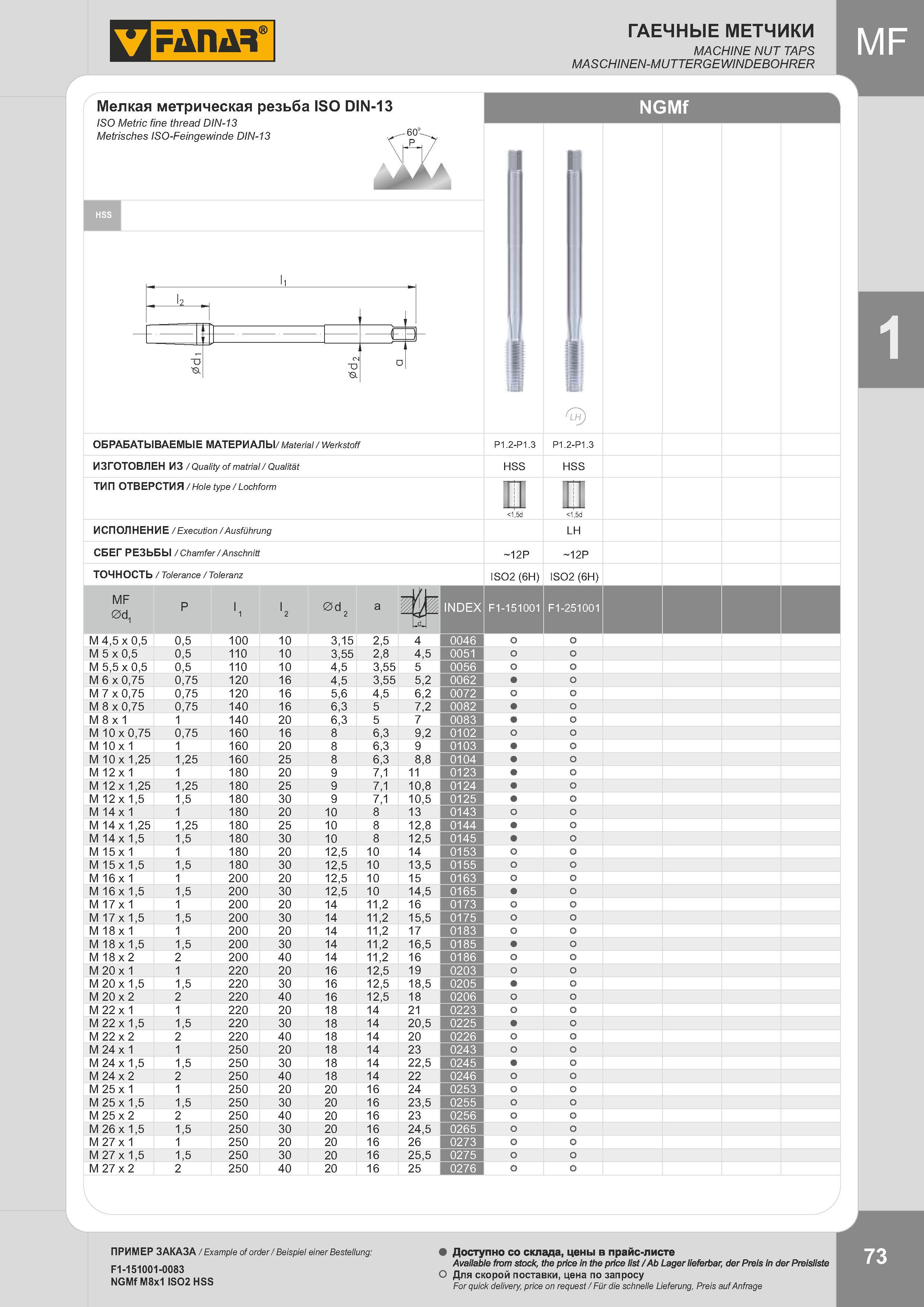 76 ГАЕЧНЫЕ МЕТЧИКИ MACHINE NUT TAPS MASCHINEN-MUTTERGEWINDEBOHRER Мелкая метрическая резьба ISO DIN-13 ISO Metric fine thread DIN-13 Metrisches ISO-Feing Каталог FANAR 2014 Станочный и ручной металлорежущий инструмент для обработки резьбы Метчики Раскатники Плашки Резьбонарезные станки и приспособления Инструментальная оснастка Стр. 73