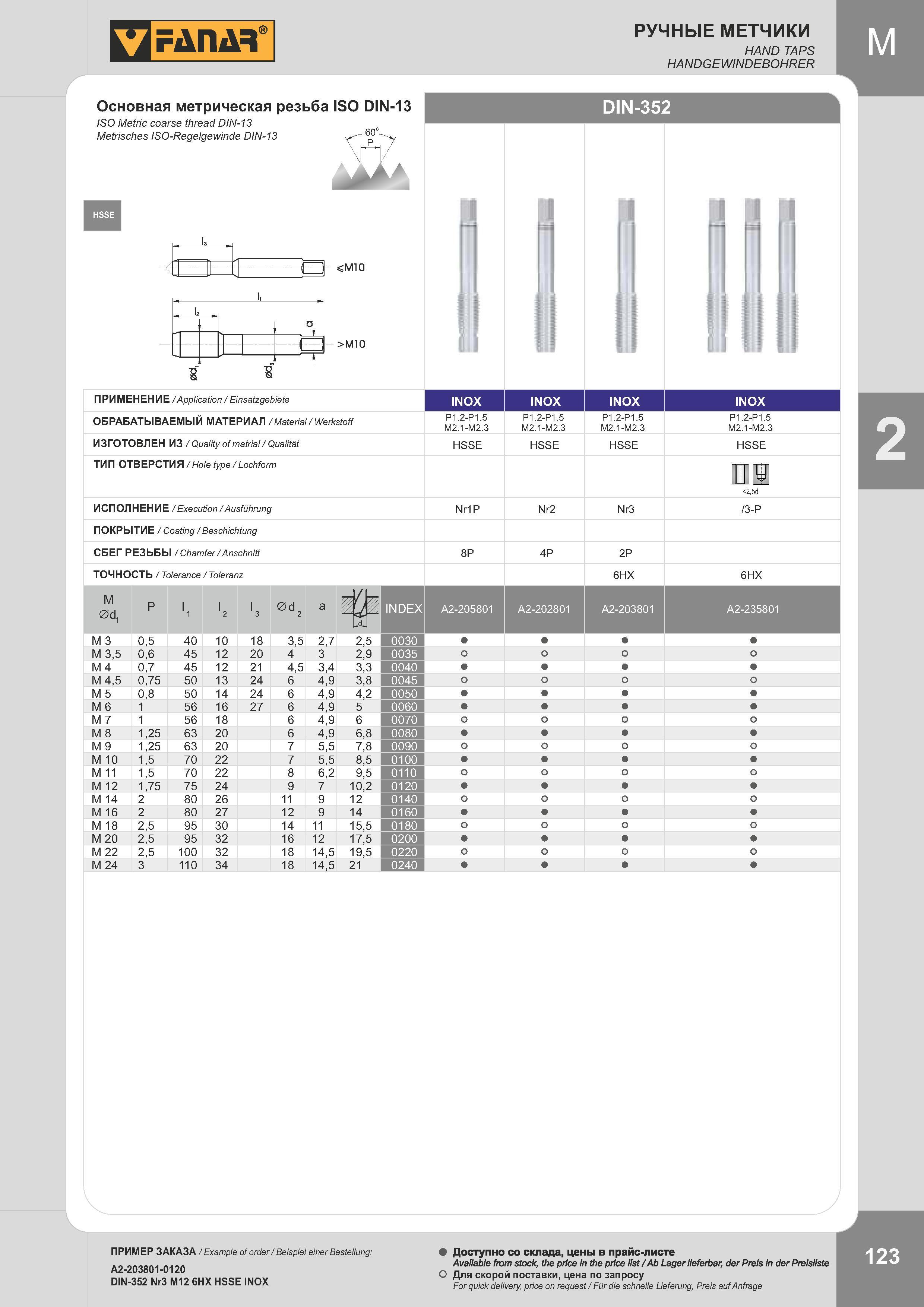 126 РУЧНЫЕ МЕТЧИКИ FANAR Основная метрическая резьба ISO DIN-13 Изображение Область применения Обрабатываемые материалы Тип отверстия Основные размеры рез Каталог FANAR 2014 Станочный и ручной металлорежущий инструмент для обработки резьбы Метчики Раскатники Плашки Резьбонарезные станки и приспособления Инструментальная оснастка Стр. 123