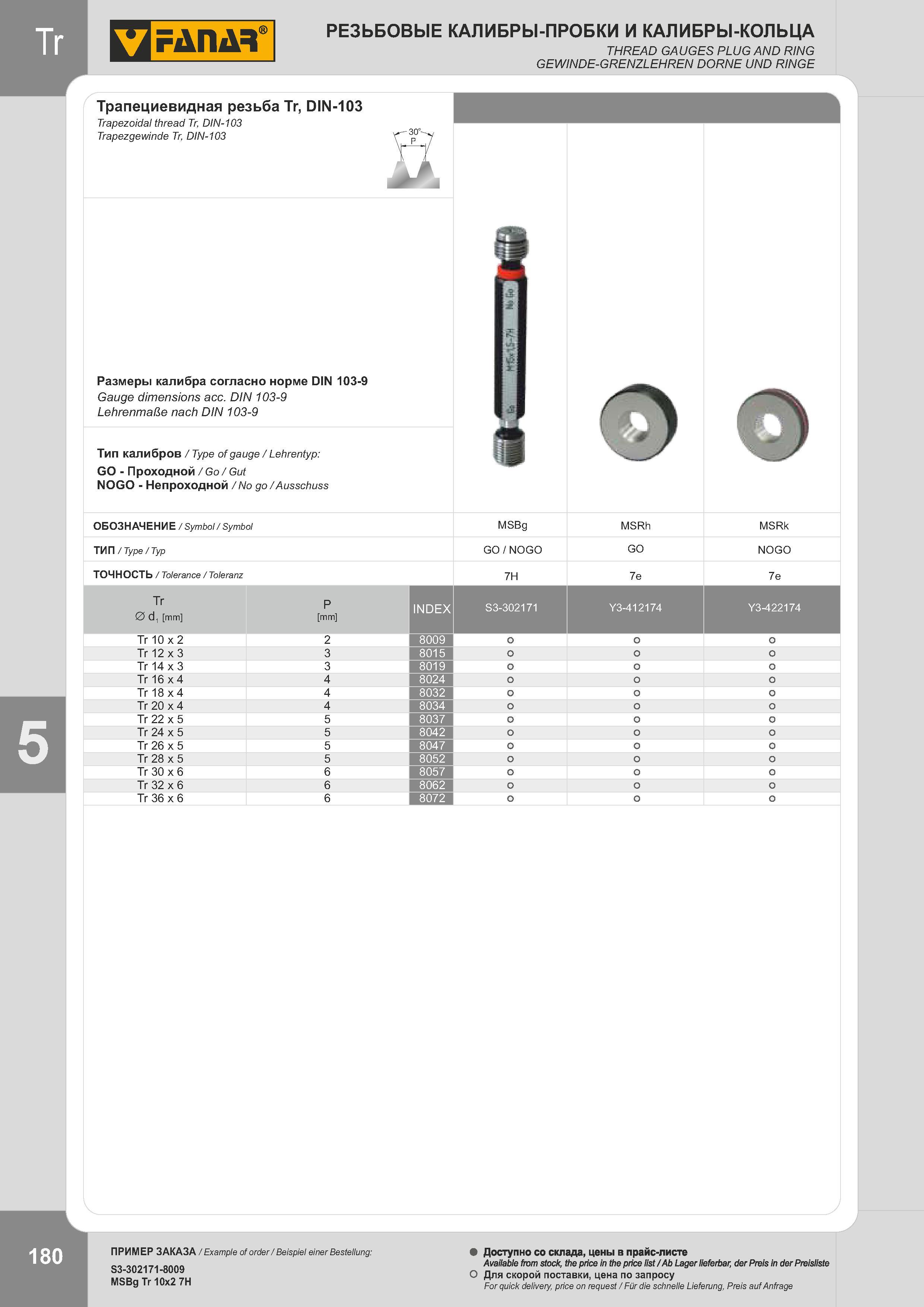 183 РЕЗЬБОВЫЕ КАЛИБРЫ-ПРОБКИ И КАЛИБРЫ-КОЛЬЦА THREAD GAUGES PLUG AND RING GEWINDE-GRENZLEHREN DORNE UND RINGE Трапециевидная резьба Tr, DIN-103 Trapezoida Каталог FANAR 2014 Станочный и ручной металлорежущий инструмент для обработки резьбы Метчики Раскатники Плашки Резьбонарезные станки и приспособления Инструментальная оснастка Стр. 180