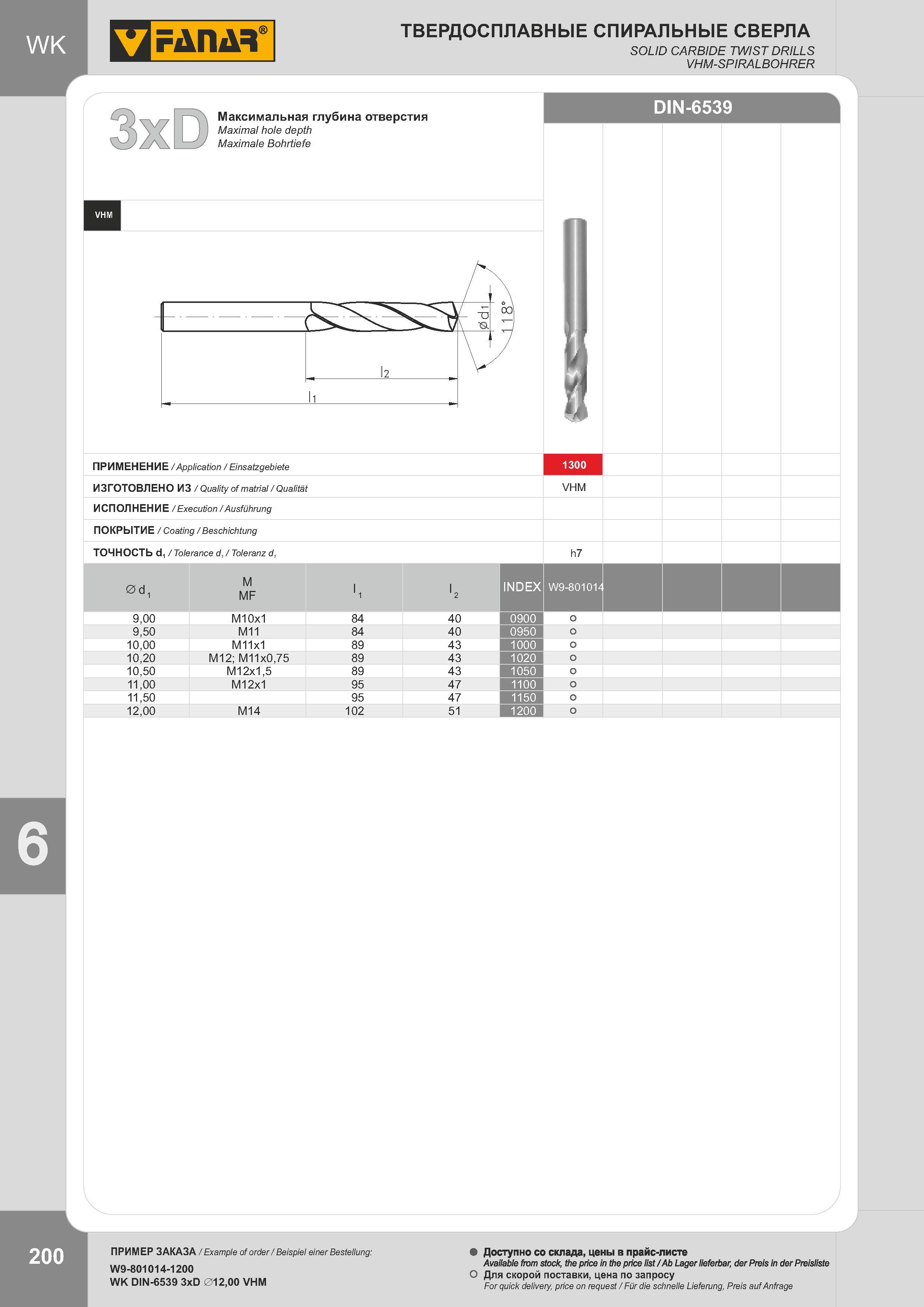203 ТВЕРДОСПЛАВНЫЕ СПИРАЛЬНЫЕ СВЕРЛА SOLID CARBIDE TWIST DRILLS VHM-SPIRALBOHRER Максимальная глубина отверстия Maximal hole depth Maximale Bohrtiefe DIN- Каталог FANAR 2014 Станочный и ручной металлорежущий инструмент для обработки резьбы Метчики Раскатники Плашки Резьбонарезные станки и приспособления Инструментальная оснастка Стр. 200