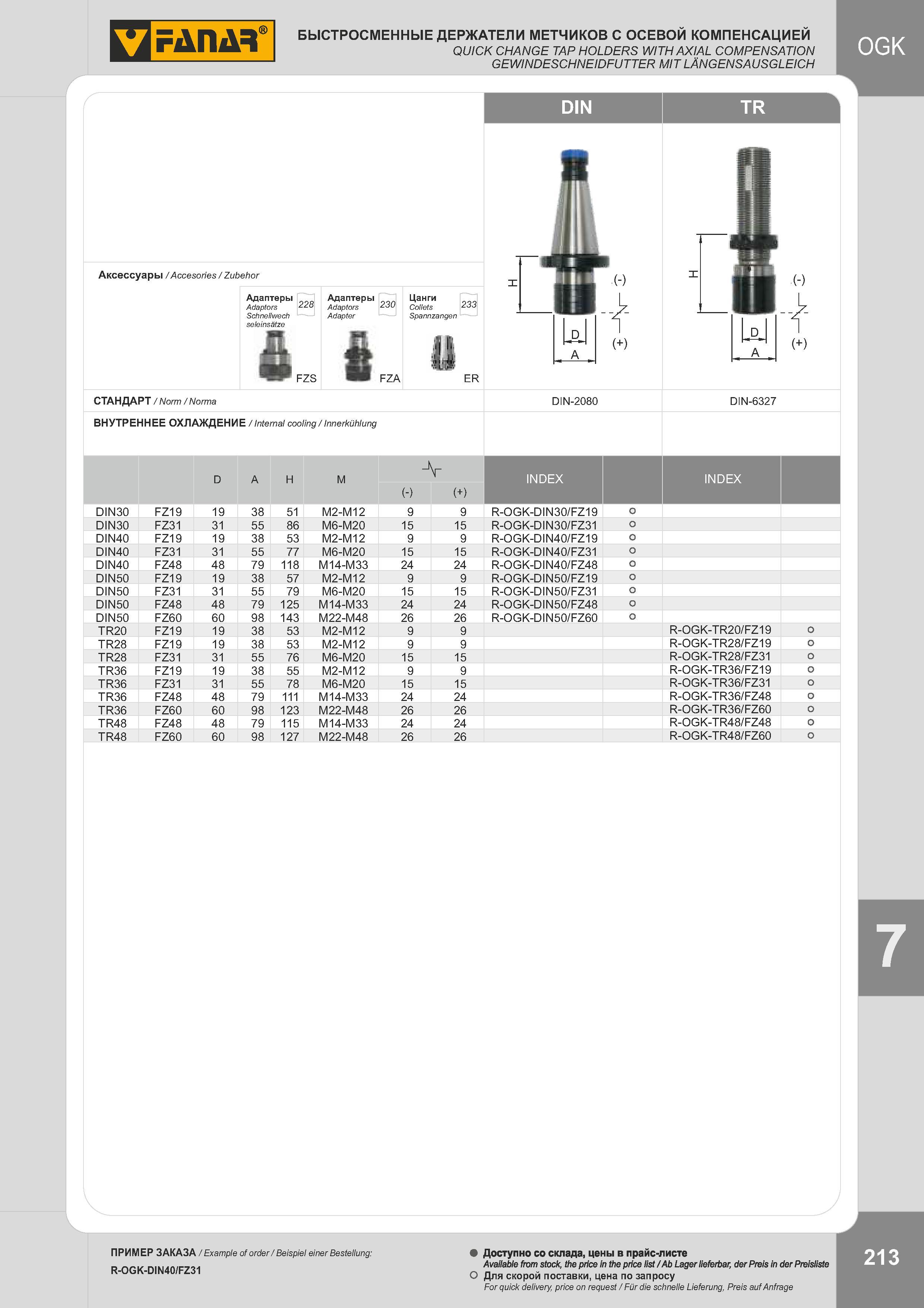 216 БЫСТРОСМЕННЫЕ ДЕРЖАТЕЛИ МЕТЧИКОВ С ОСЕВОЙ КОМПЕНСАЦИЕЙ QUICK CHANGE TAP HOLDERS WITH AXIAL COMPENSATION GEWINDESCHNEIDFUTTER MIT LÄNGENSAUSGLEICH Аксе Каталог FANAR 2014 Станочный и ручной металлорежущий инструмент для обработки резьбы Метчики Раскатники Плашки Резьбонарезные станки и приспособления Инструментальная оснастка Стр. 213