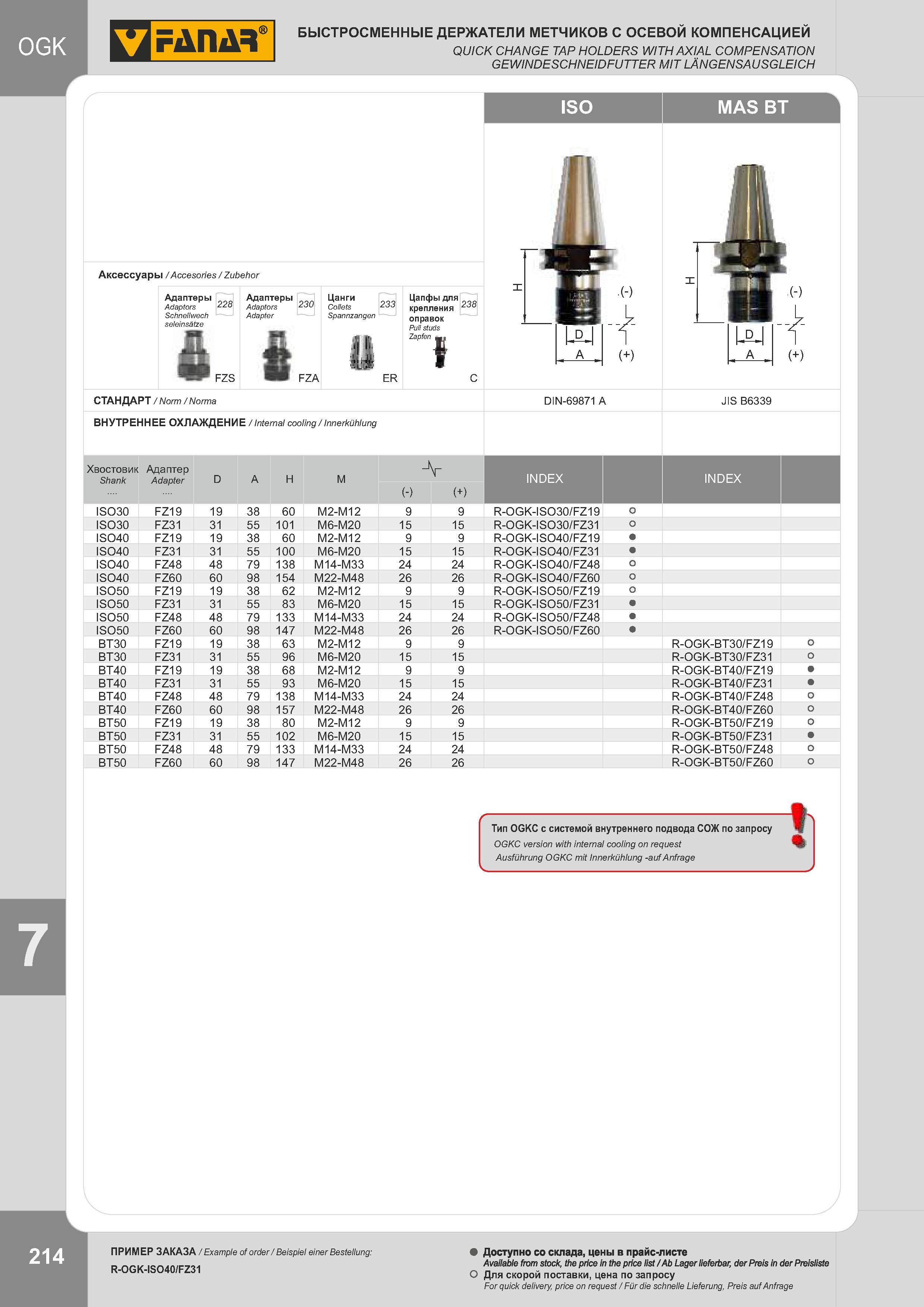217 БЫСТРОСМЕННЫЕ ДЕРЖАТЕЛИ МЕТЧИКОВ С ОСЕВОЙ КОМПЕНСАЦИЕЙ QUICK CHANGE TAP HOLDERS WITH AXIAL COMPENSATION GEWINDESCHNEIDFUTTER MIT LÄNGENSAUSGLEICH MAS Каталог FANAR 2014 Станочный и ручной металлорежущий инструмент для обработки резьбы Метчики Раскатники Плашки Резьбонарезные станки и приспособления Инструментальная оснастка Стр. 214