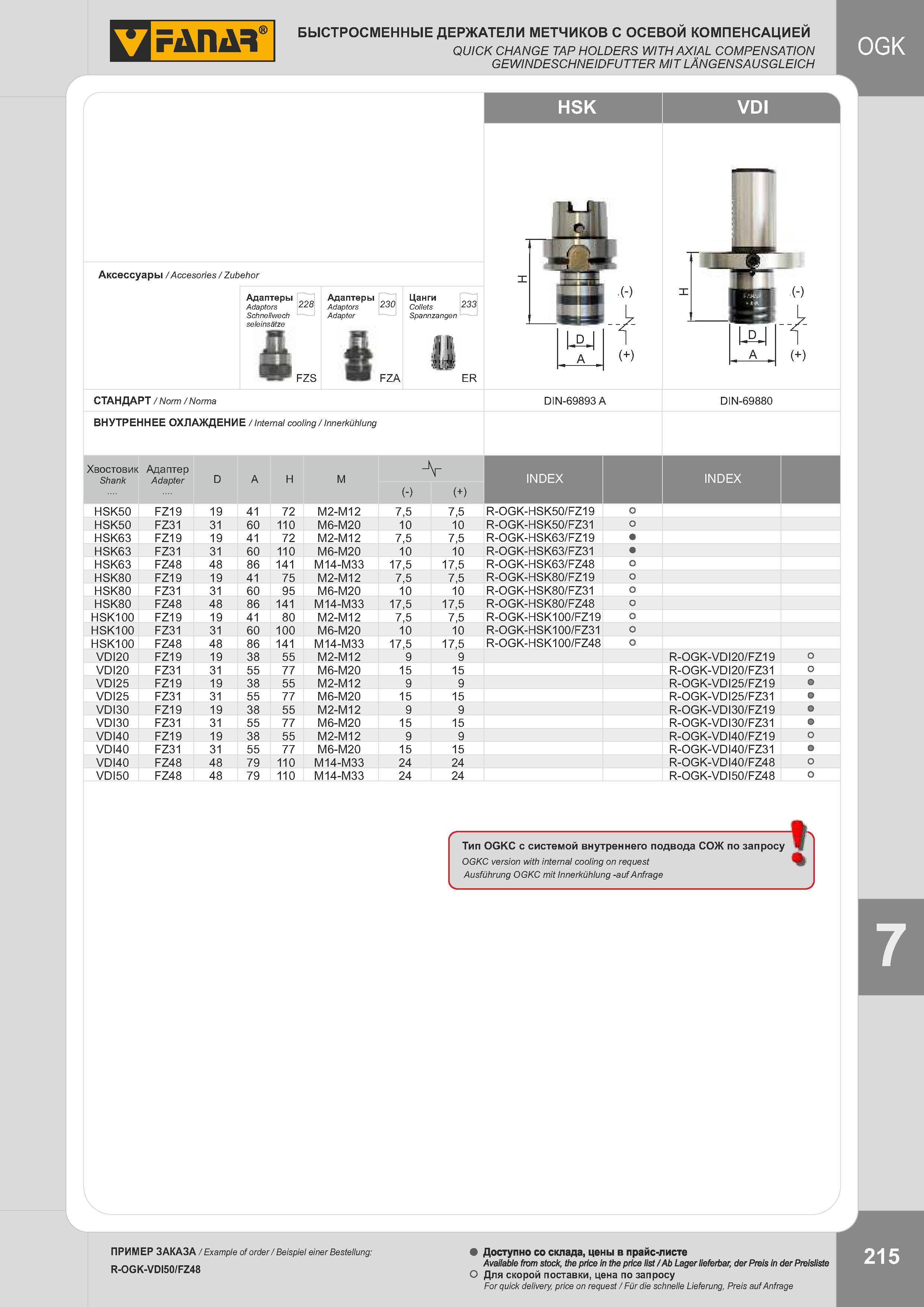 218 БЫСТРОСМЕННЫЕ ДЕРЖАТЕЛИ МЕТЧИКОВ С ОСЕВОЙ КОМПЕНСАЦИЕЙ QUICK CHANGE TAP HOLDERS WITH AXIAL COMPENSATION GEWINDESCHNEIDFUTTER MIT LÄNGENSAUSGLEICH HSK Каталог FANAR 2014 Станочный и ручной металлорежущий инструмент для обработки резьбы Метчики Раскатники Плашки Резьбонарезные станки и приспособления Инструментальная оснастка Стр. 215
