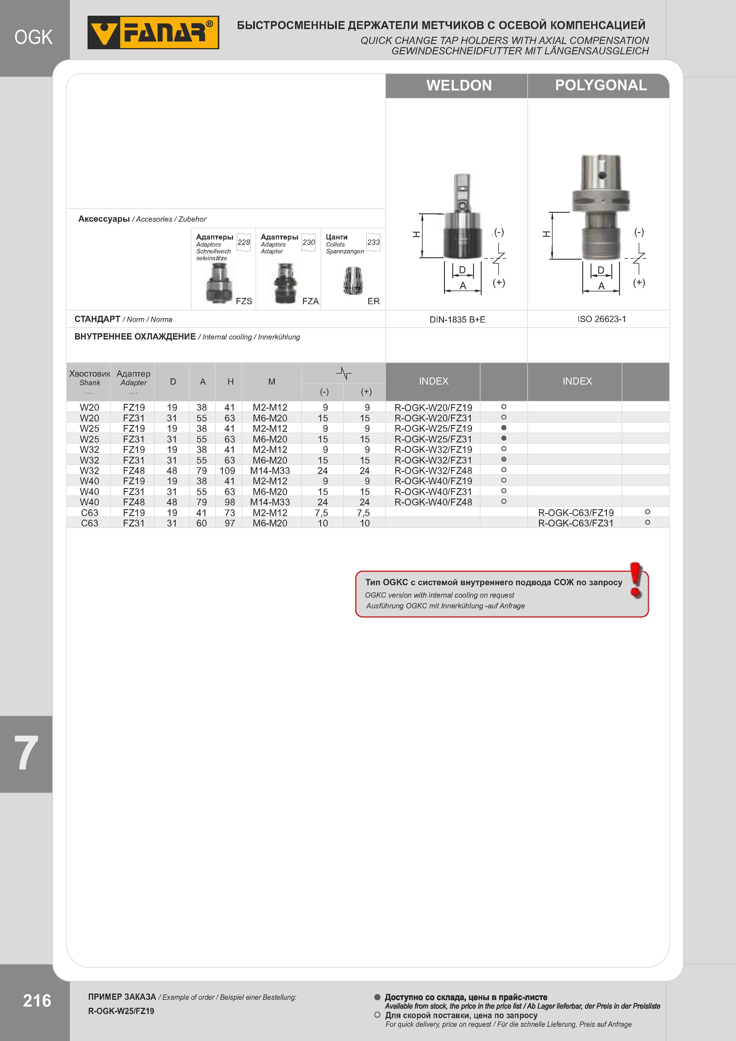 219 БЫСТРОСМЕННЫЕ ДЕРЖАТЕЛИ МЕТЧИКОВ С ОСЕВОЙ КОМПЕНСАЦИЕЙ QUICK CHANGE TAP HOLDERS WITH AXIAL COMPENSATION GEWINDESCHNEIDFUTTER MIT LÄNGENSAUSGLEICH WELD Каталог FANAR 2014 Станочный и ручной металлорежущий инструмент для обработки резьбы Метчики Раскатники Плашки Резьбонарезные станки и приспособления Инструментальная оснастка Стр. 216
