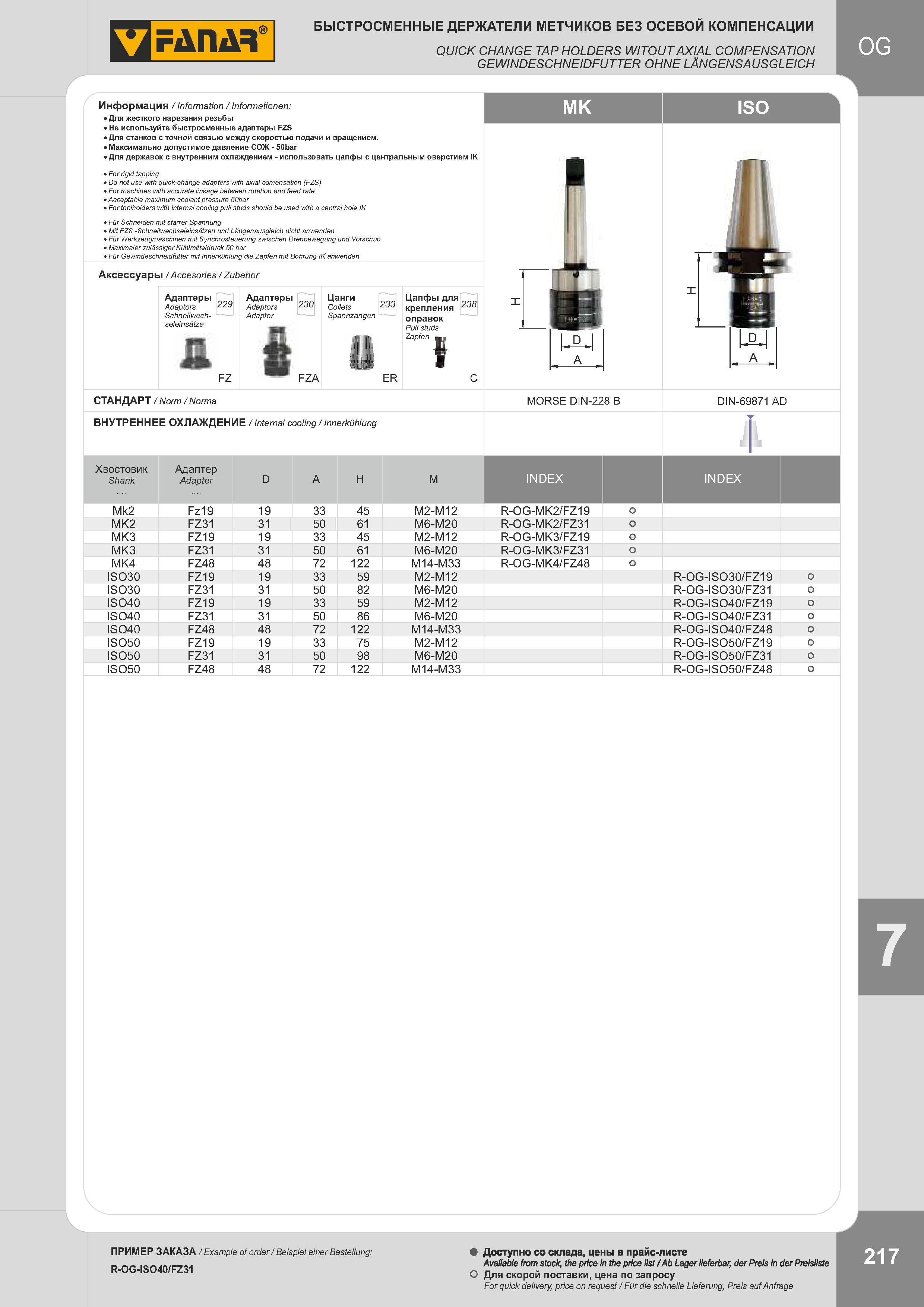 220 БЫСТРОСМЕННЫЕ ДЕРЖАТЕЛИ МЕТЧИКОВ БЕЗ ОСЕВОЙ КОМПЕНСАЦИИ QUICK CHANGE TAP HOLDERS WITOUT AXIAL COMPENSATION GEWINDESCHNEIDFUTTER OHNE LÄNGENSAUSGLEICH Каталог FANAR 2014 Станочный и ручной металлорежущий инструмент для обработки резьбы Метчики Раскатники Плашки Резьбонарезные станки и приспособления Инструментальная оснастка Стр. 217