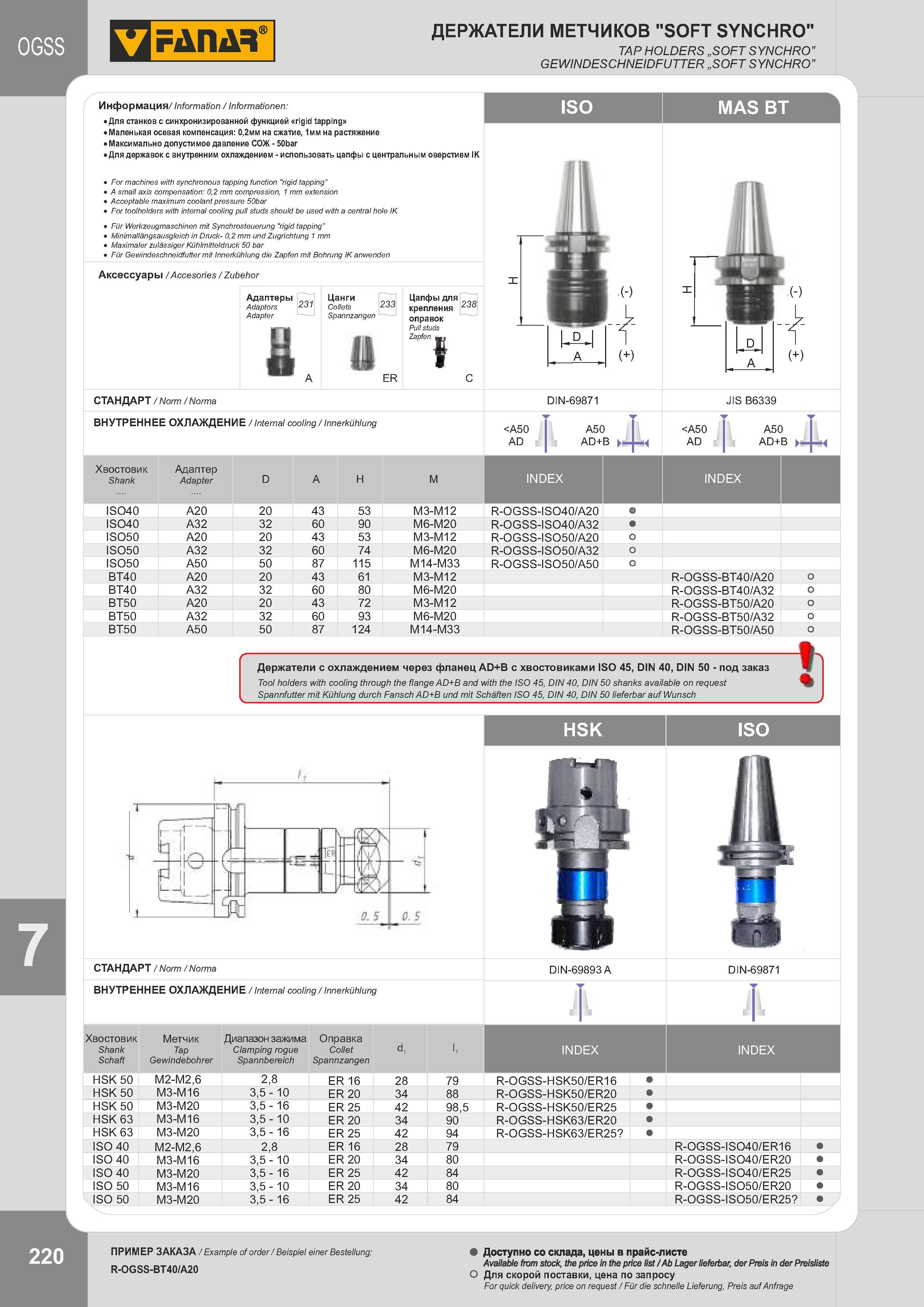 223 ДЕРЖАТЕЛИ МЕТЧИКОВ SOFT SYNCHRO TAP HOLDERS „SOFT SYNCHRO GEWINDESCHNEIDFUTTER „SOFT SYNCHRO Информация/ Information / Informationen: Для станков с си Каталог FANAR 2014 Станочный и ручной металлорежущий инструмент для обработки резьбы Метчики Раскатники Плашки Резьбонарезные станки и приспособления Инструментальная оснастка Стр. 220