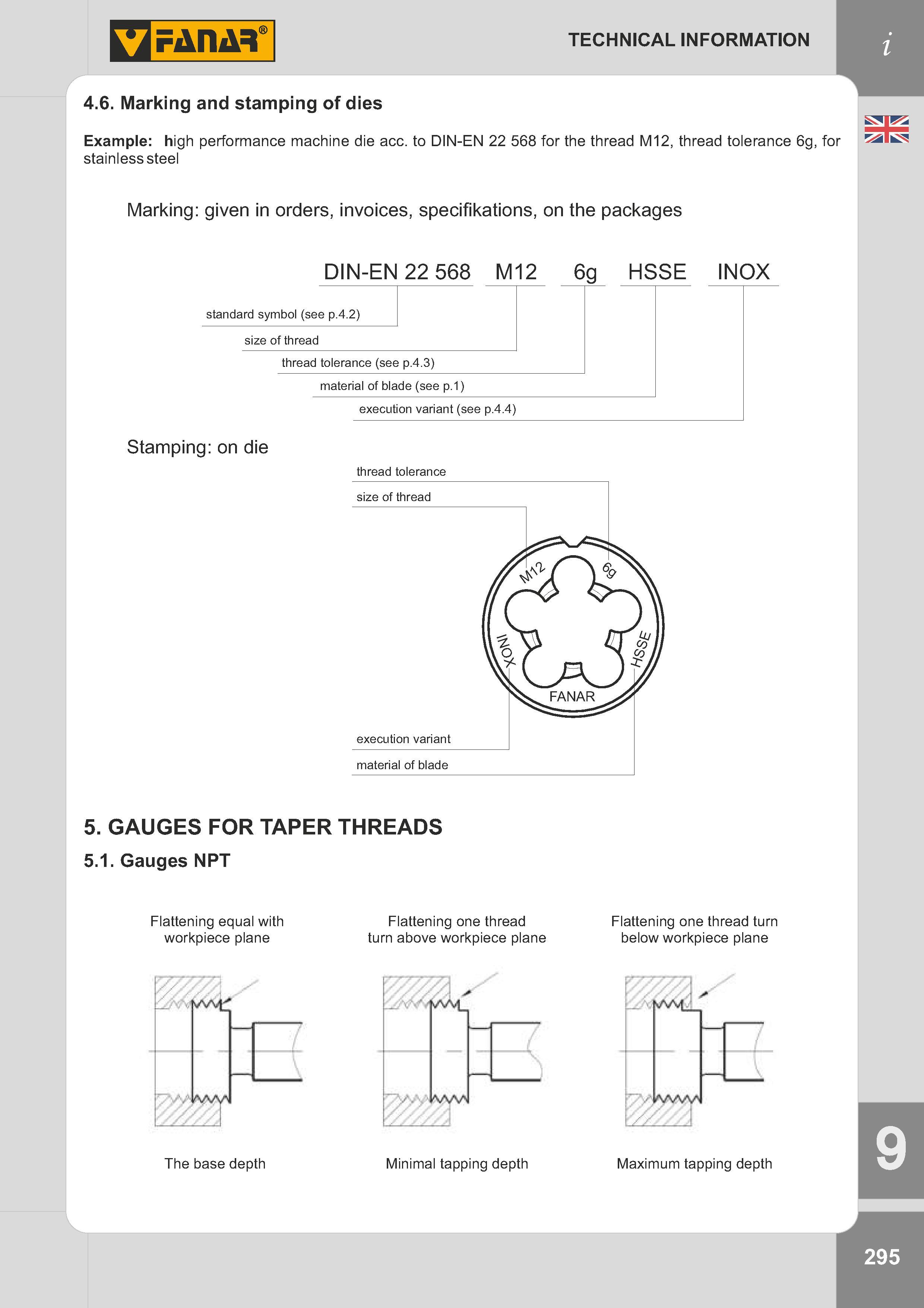 298 Marking and stamping of dies Example High performance machine die acc to DIN-EN 22 568 for the thread M12, thread tolerance 6g, for stainless steel Ma Каталог FANAR 2014 Станочный и ручной металлорежущий инструмент для обработки резьбы Метчики Раскатники Плашки Резьбонарезные станки и приспособления Инструментальная оснастка Стр. 295