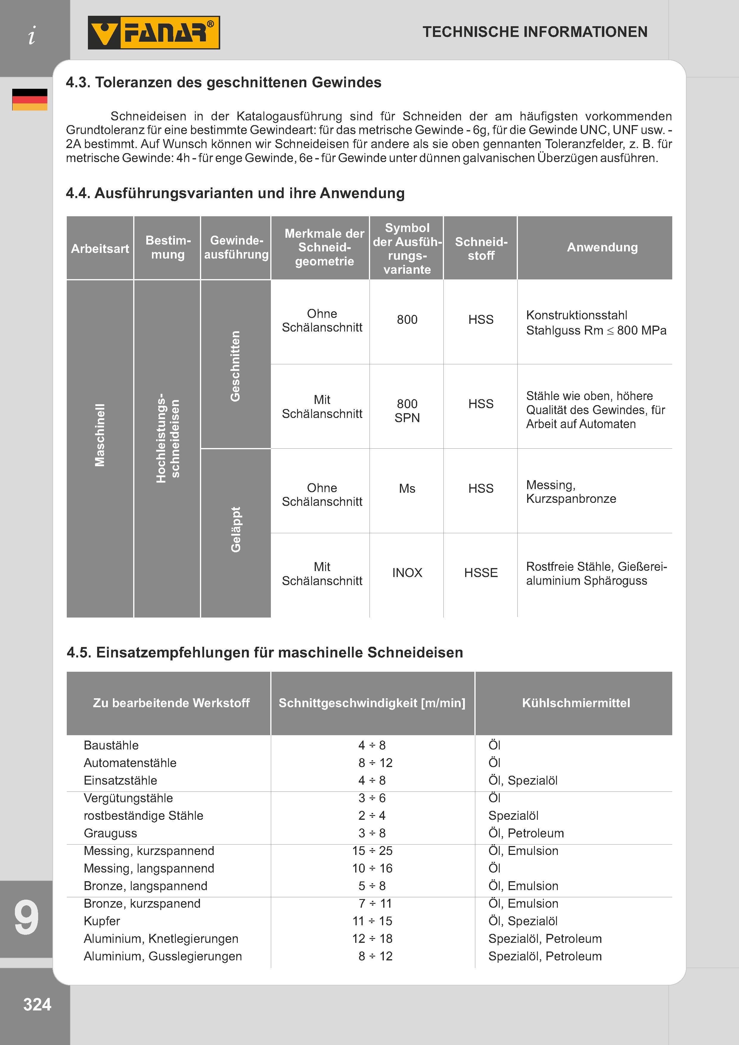 327 Toleranzen des geschnittenen Gewindes Schneideisen in der Katalogausführung sind für Schneiden der am häufigsten vorkommenden Grundtoleranz für eine b Каталог FANAR 2014 Станочный и ручной металлорежущий инструмент для обработки резьбы Метчики Раскатники Плашки Резьбонарезные станки и приспособления Инструментальная оснастка Стр. 324