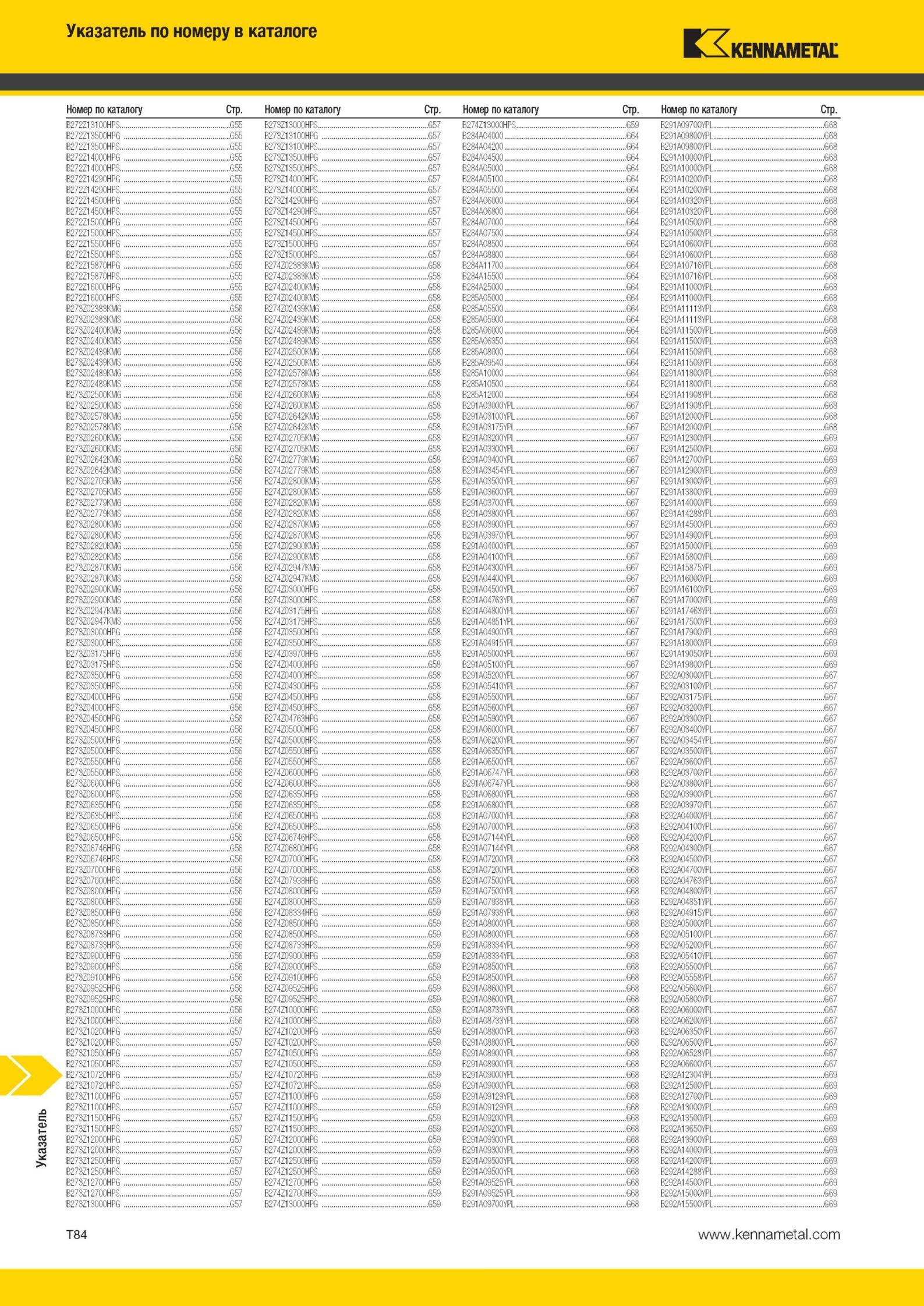 2062 Режущий инструмент Kennametal Указатель по номеру в каталоге Номер по каталогу Стр В HI G55 B273 13000HPS G57 В - Г' HI G59 B291A09700YPI G6 В Г' HI' Мастер-каталог KENNAMETAL 2013 Металлорежущий инструмент Точение Обработка отверстий Фрезерование Стр. T84
