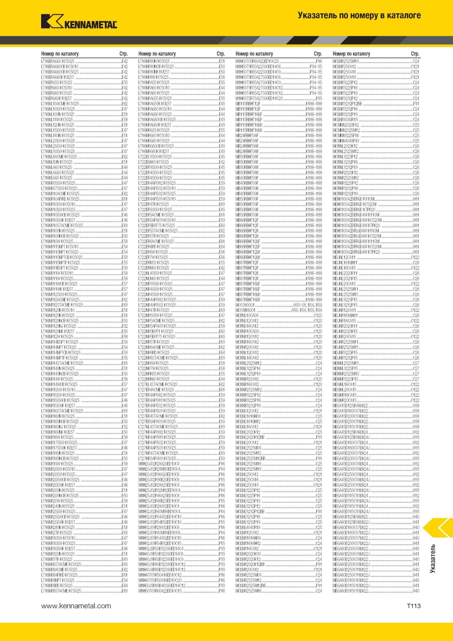 2091 Режущий инструмент Kennametal Указатель по номеру в каталоге Номер по каталогу Стр LT16ERAG60 KC5025 E42 I 16K К E51 M1H 6 \1 P16 MCLKR2525M19 C24 LT1 Мастер-каталог KENNAMETAL 2013 Металлорежущий инструмент Точение Обработка отверстий Фрезерование Стр. T113
