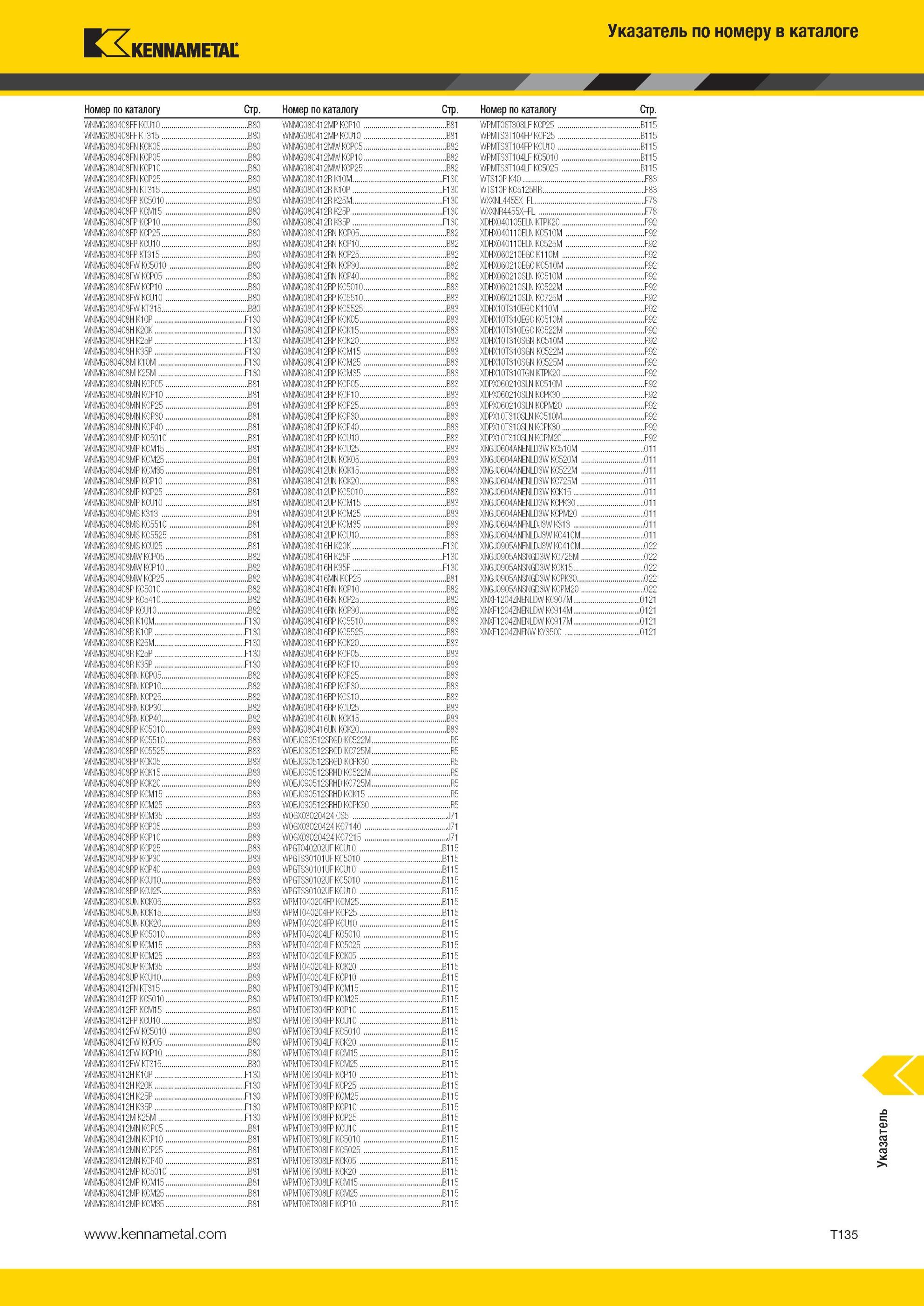 2113 Режущий инструмент Kennametal Указатель по номеру в каталоге Номер по каталогу Стр NM \-i1 B80 NM '1 MI I-I1 B81 IM 8I \- B115 WNMG080408FF KT315 B80 Мастер-каталог KENNAMETAL 2013 Металлорежущий инструмент Точение Обработка отверстий Фрезерование Стр. T135
