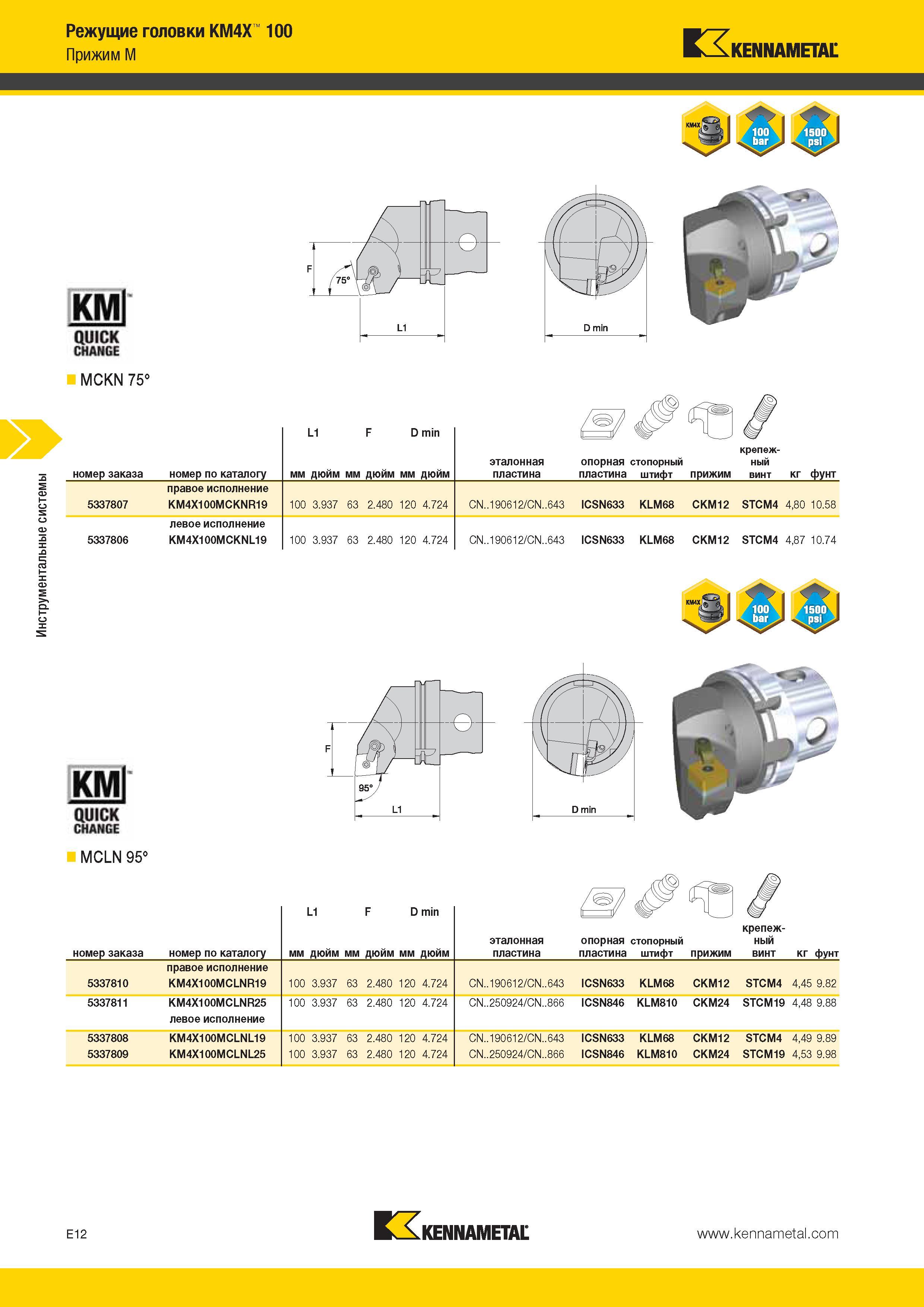 524 Инструментальные системы Режущие головки KM4X 100 Прижим M Kennametal MCKN 75° 'У А номер заказа номер по каталогу L1 F D min мм дюйм t if 4 1 крепеж- Каталог KENNAMETAL 2014 Инновации Новый металлорежущий инструмент и инструментальная оснастка для станков и станочных комплексов Стр. E12